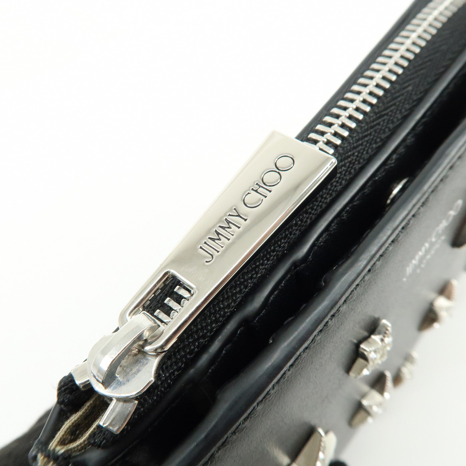 JIMMY CHOO Leather Compact Zippy Wallet Star Studs Black