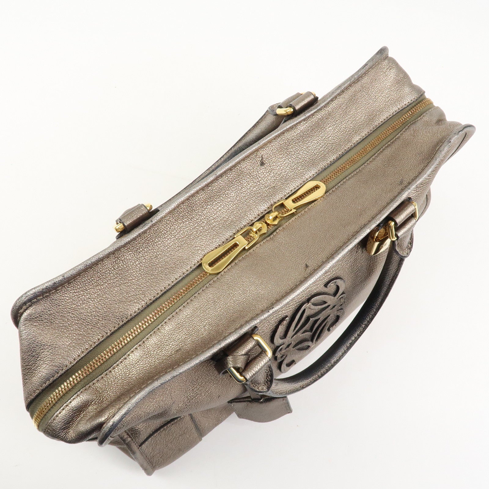 LOEWE Anagram Leather Amazona 36 Hand Bag Boston Bag Silver Grey