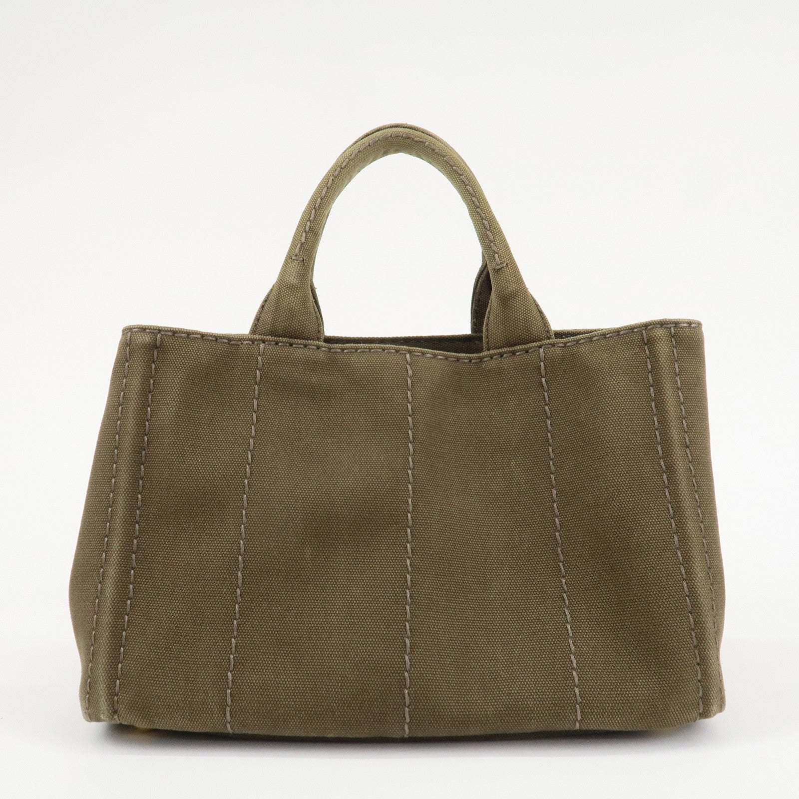PRADA Logo Canapa Mini Canvas Tote Bag Hand Bag Khaki BN2439 Used