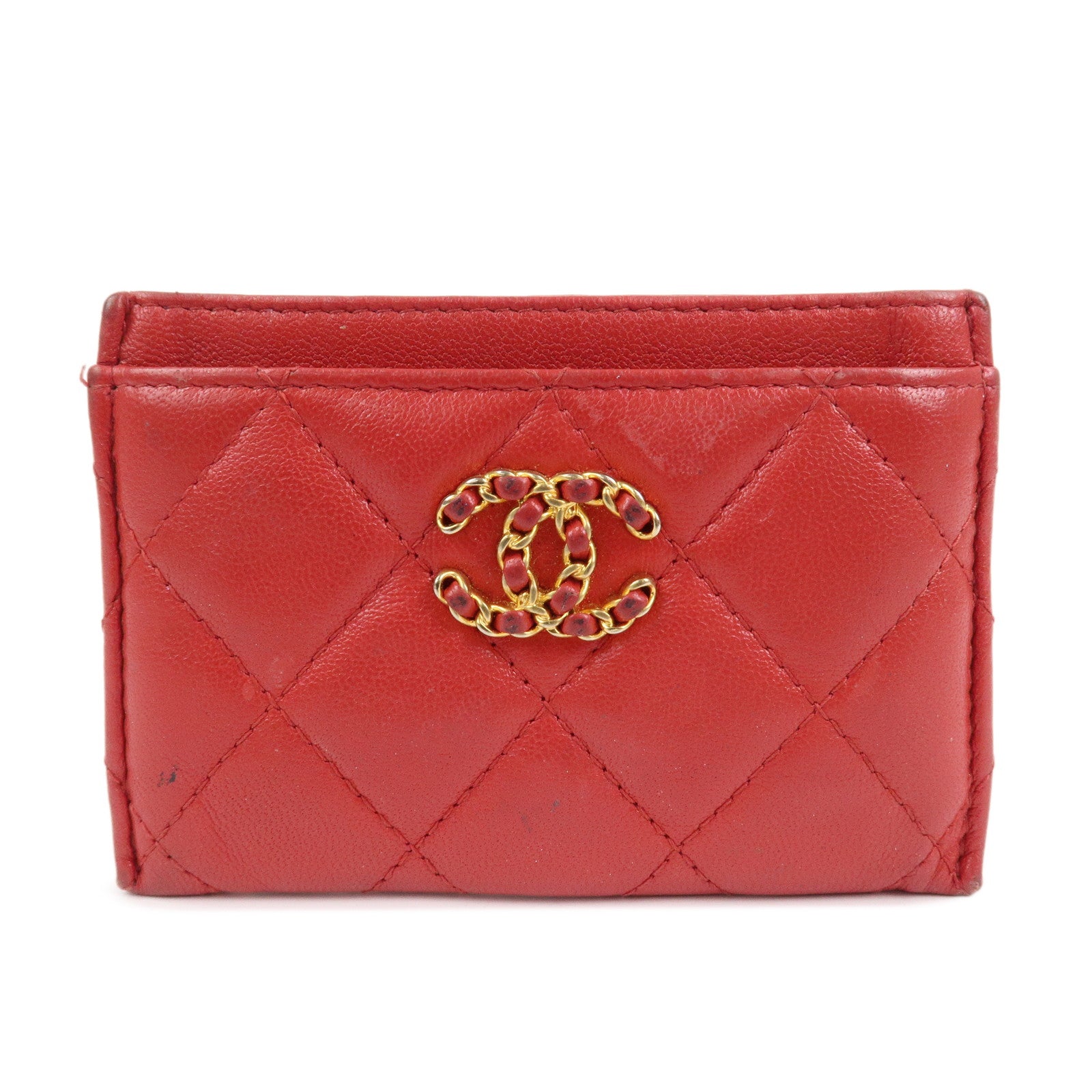 CHANEL COCO Mark Matelasse Lamb Skin Card Case Red