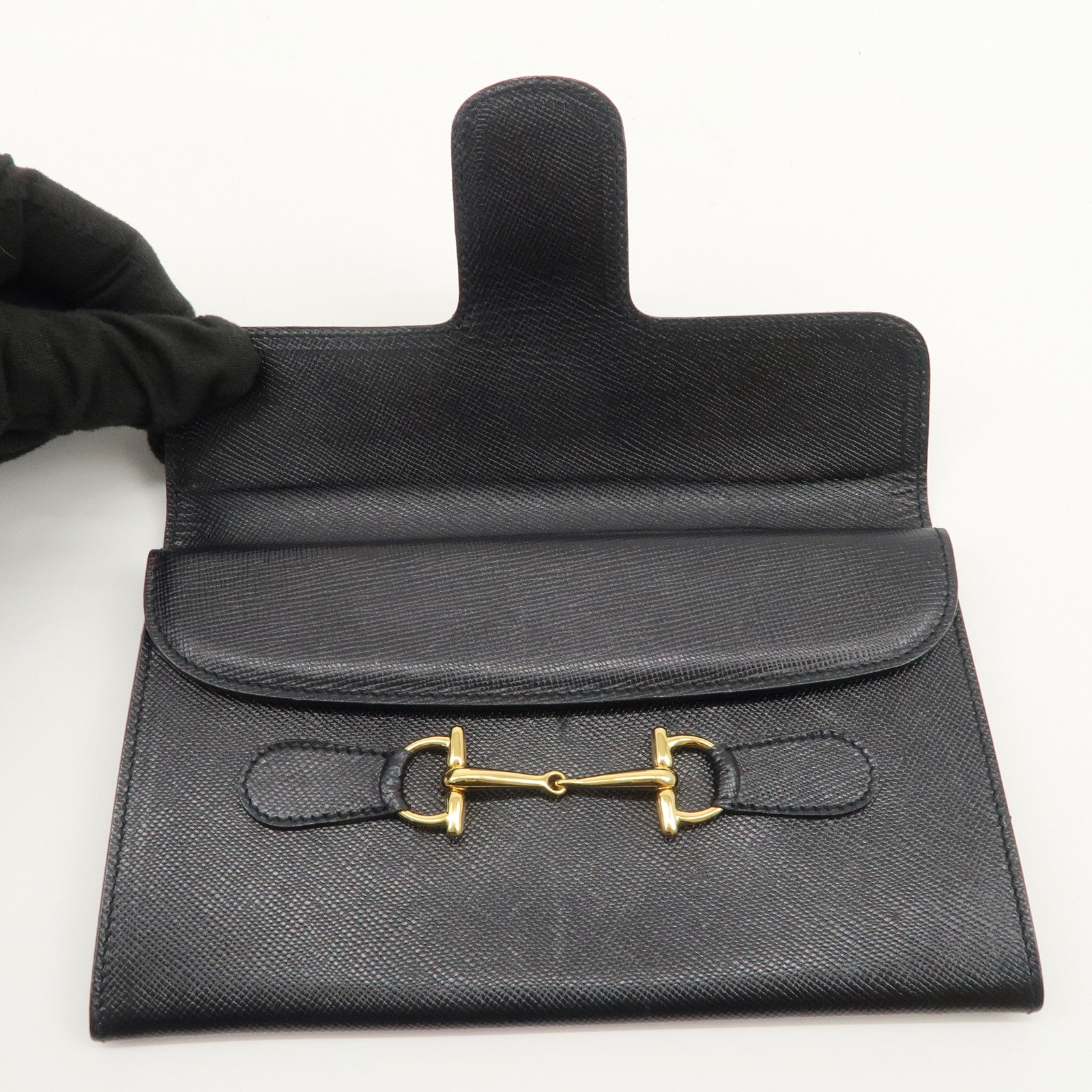 GUCCI Horsebit Leather Long Wallet Black Gold 030.001.0793
