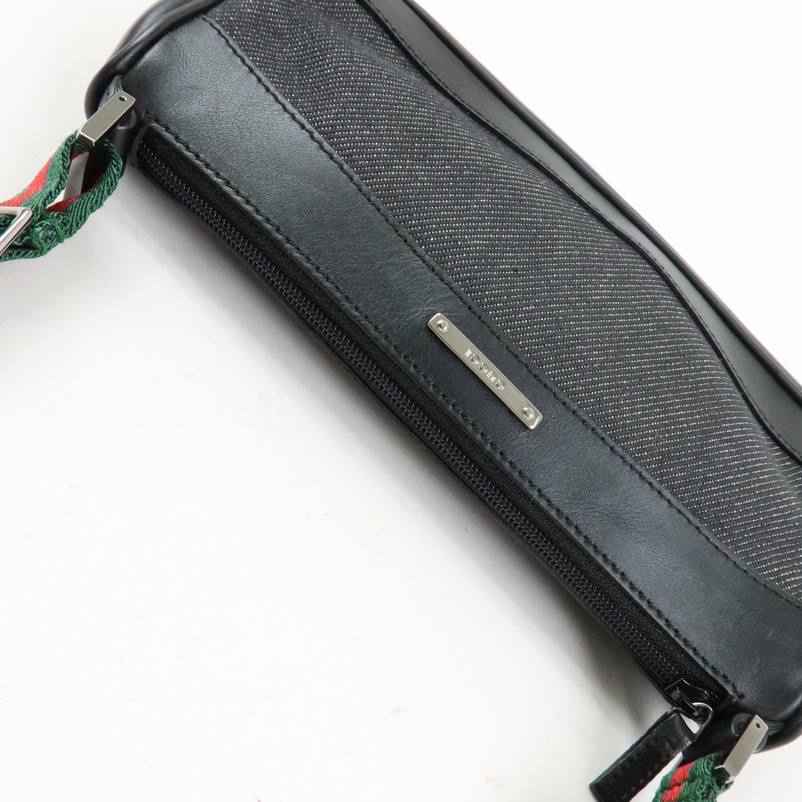 GUCCI Sherry Denim Leather Accessory Pouch Hand Bag Black 92820