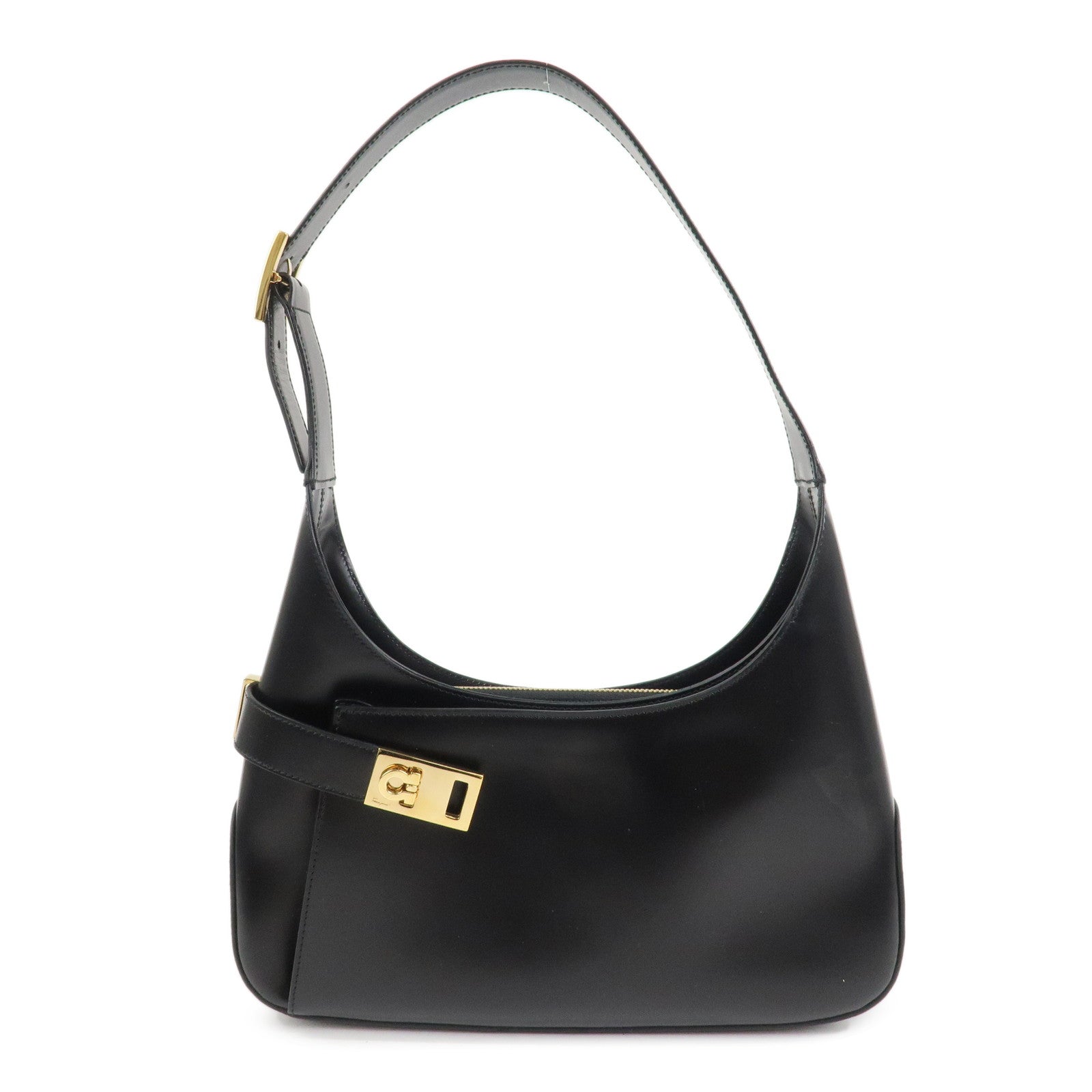 Ferragamo Gancini Logo Leather Shoulder Bag Hand Bag Black