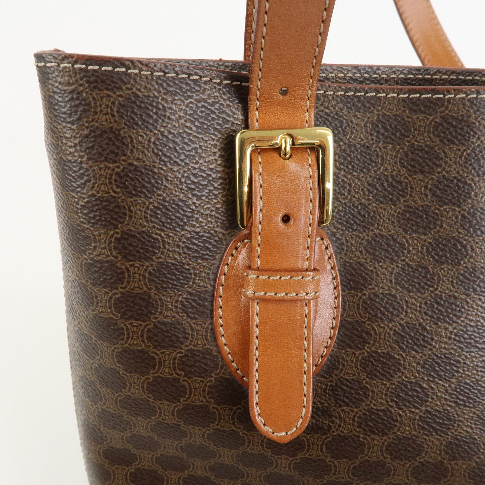 CELINE Macadam PVC Canvas Leather Tote Bag Hand Bag Brown