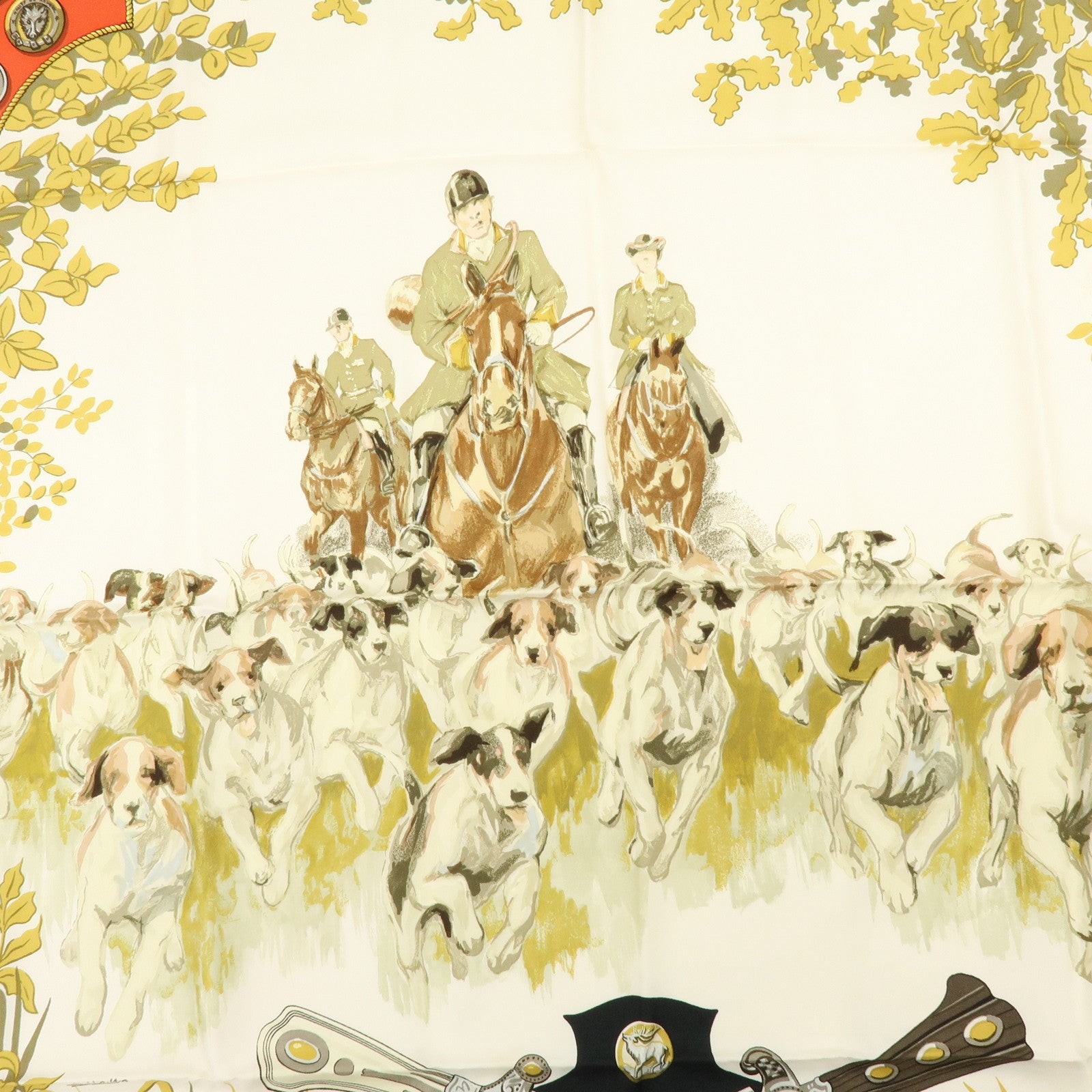 HERMES Carre 90 Silk 100% Scarf Le Debuche Black Red Beige