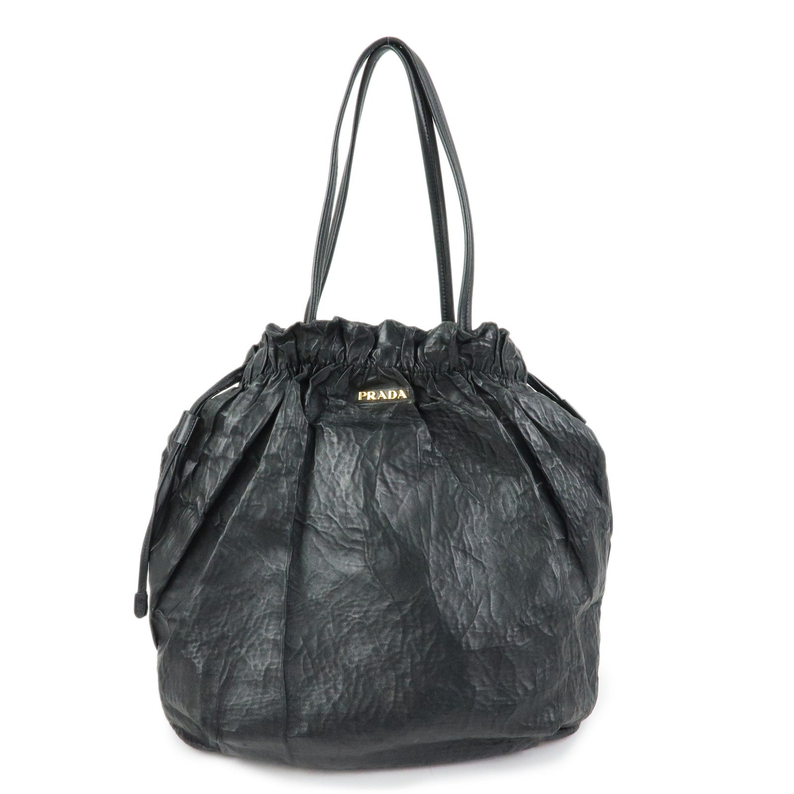 PRADA Leather Drawstring Shoulder Bag Hand Bag Black