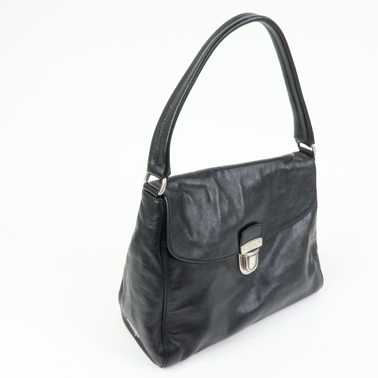 PRADA Triangle Logo Leather Hand Bag Shoulder Bag Black