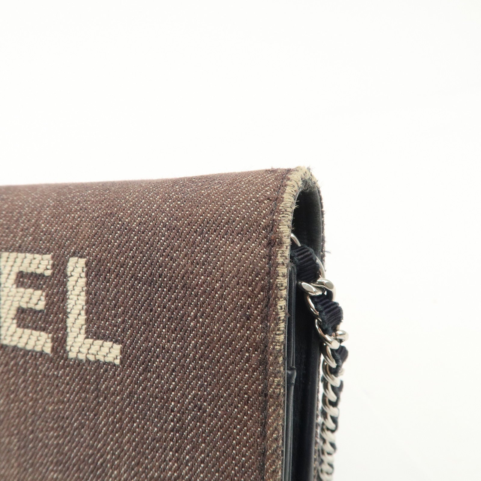 CHANEL Deauville Denim Chain Wallet Navy Brown Silver HDW A80795 Used