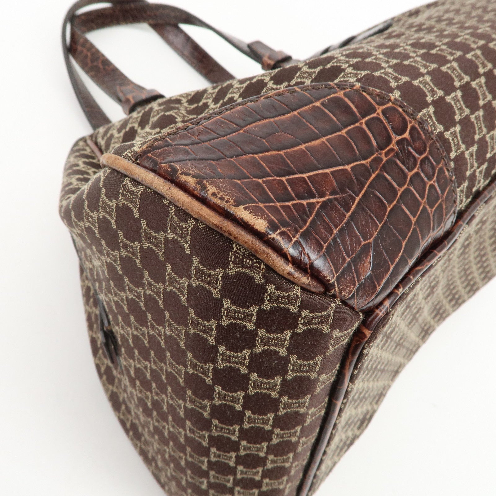 CELINE Macadam Canvas Embossed Leather Hand Bag Shoulder Bag Brown