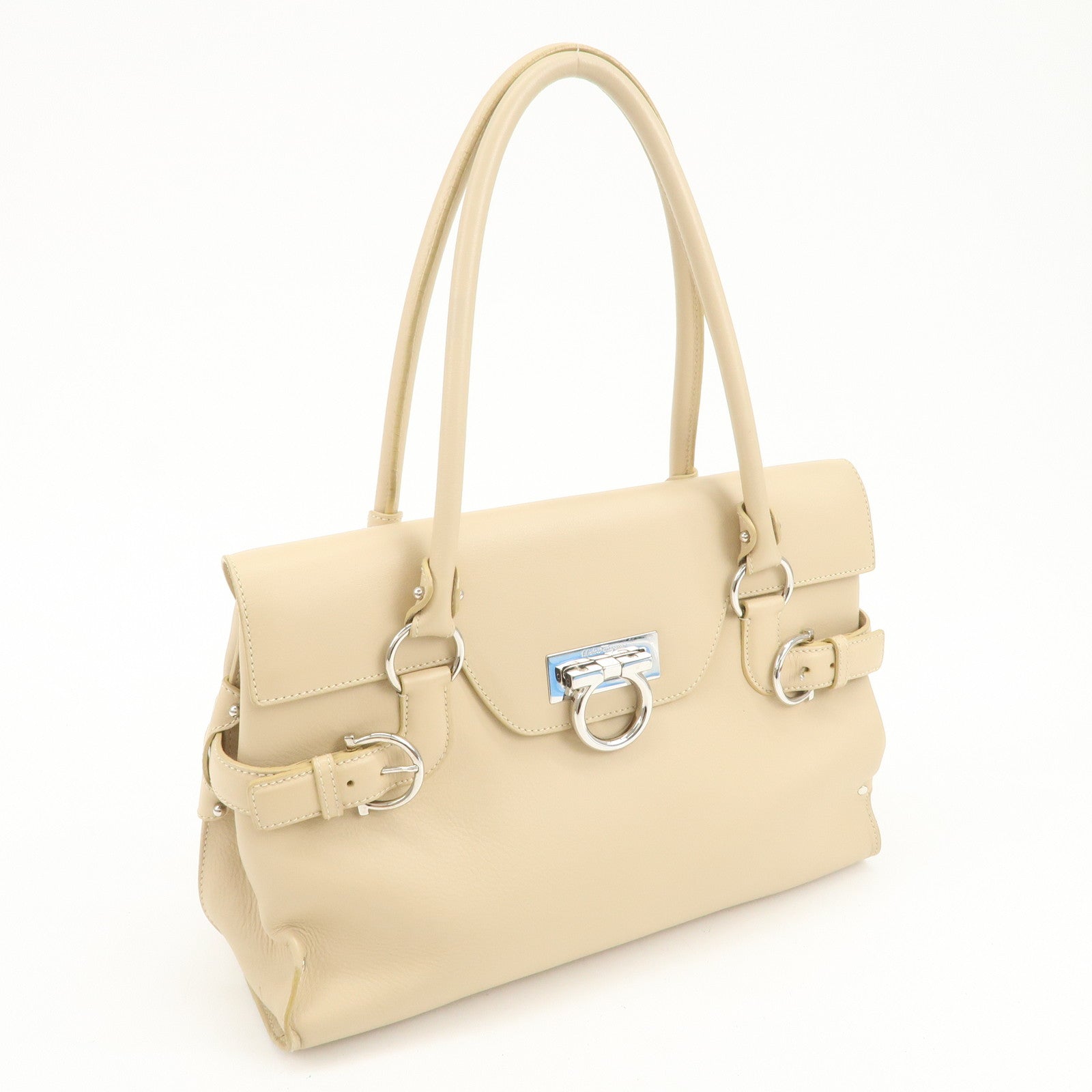 Ferragamo Gancini Logo Leather Shoulder Bag Hand Bag Beige
