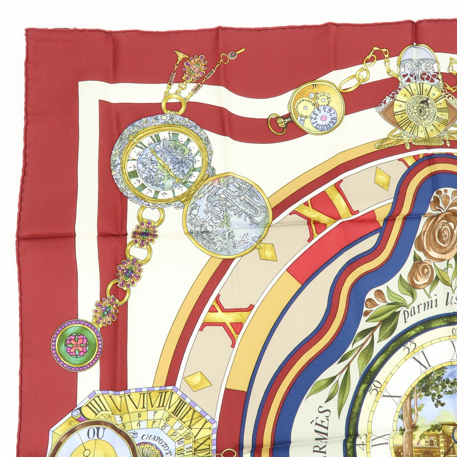 HERMES Carre 90 Silk 100% Scarf la ronde des heures Bordeaux White