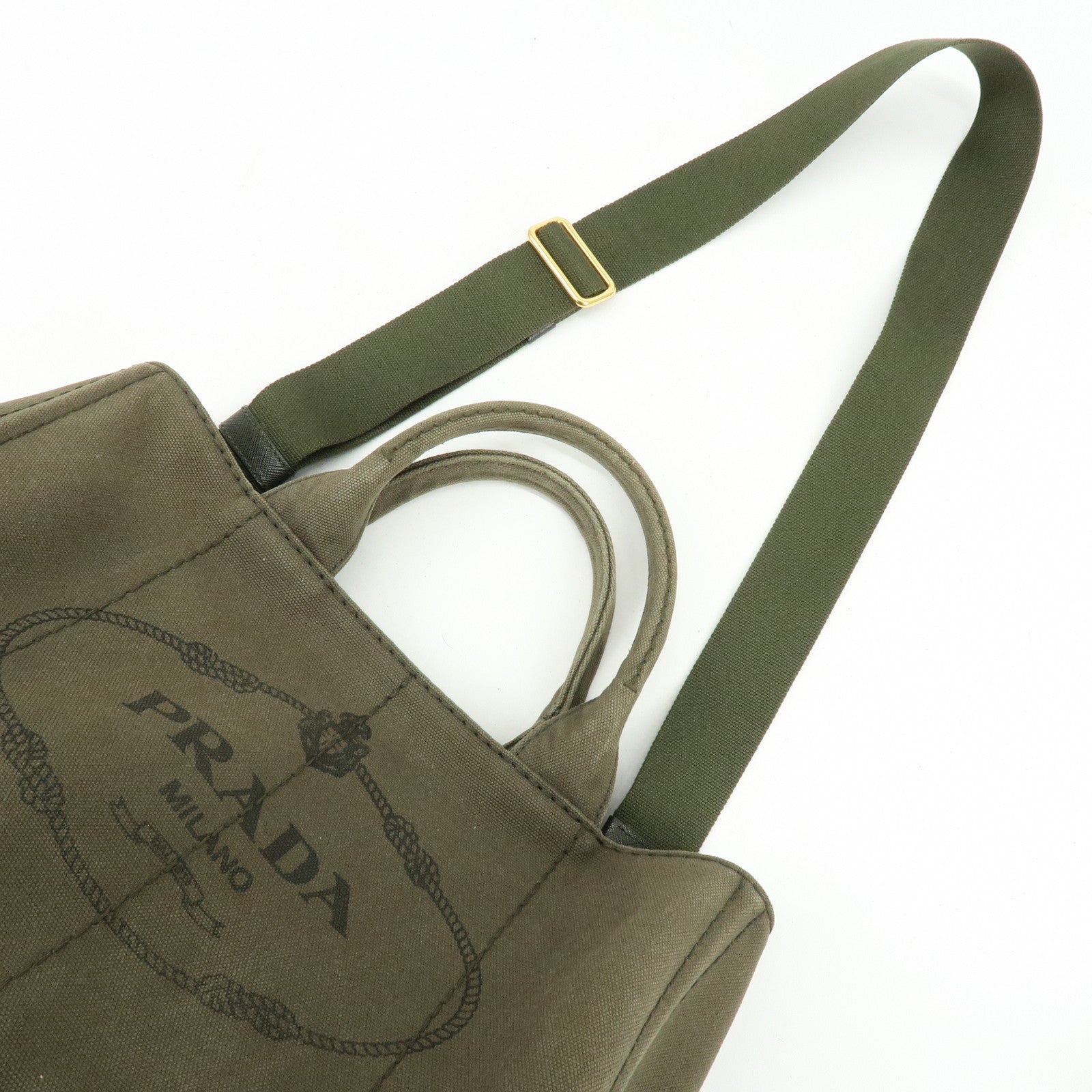 PRADA Logo Canapa Canvas Tote Bag Hand Bag Khaki 1BG642