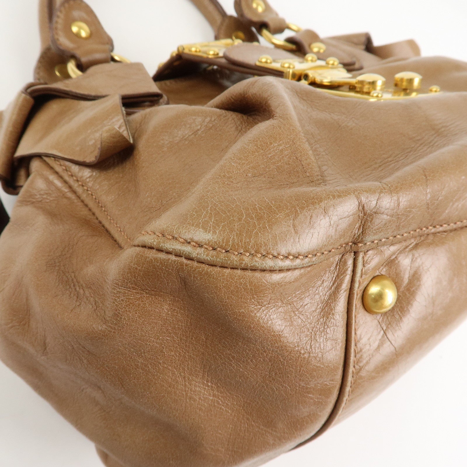 MIU MIU Leather Side Ribbon 2Way Bag Hand Bag Beige Gold