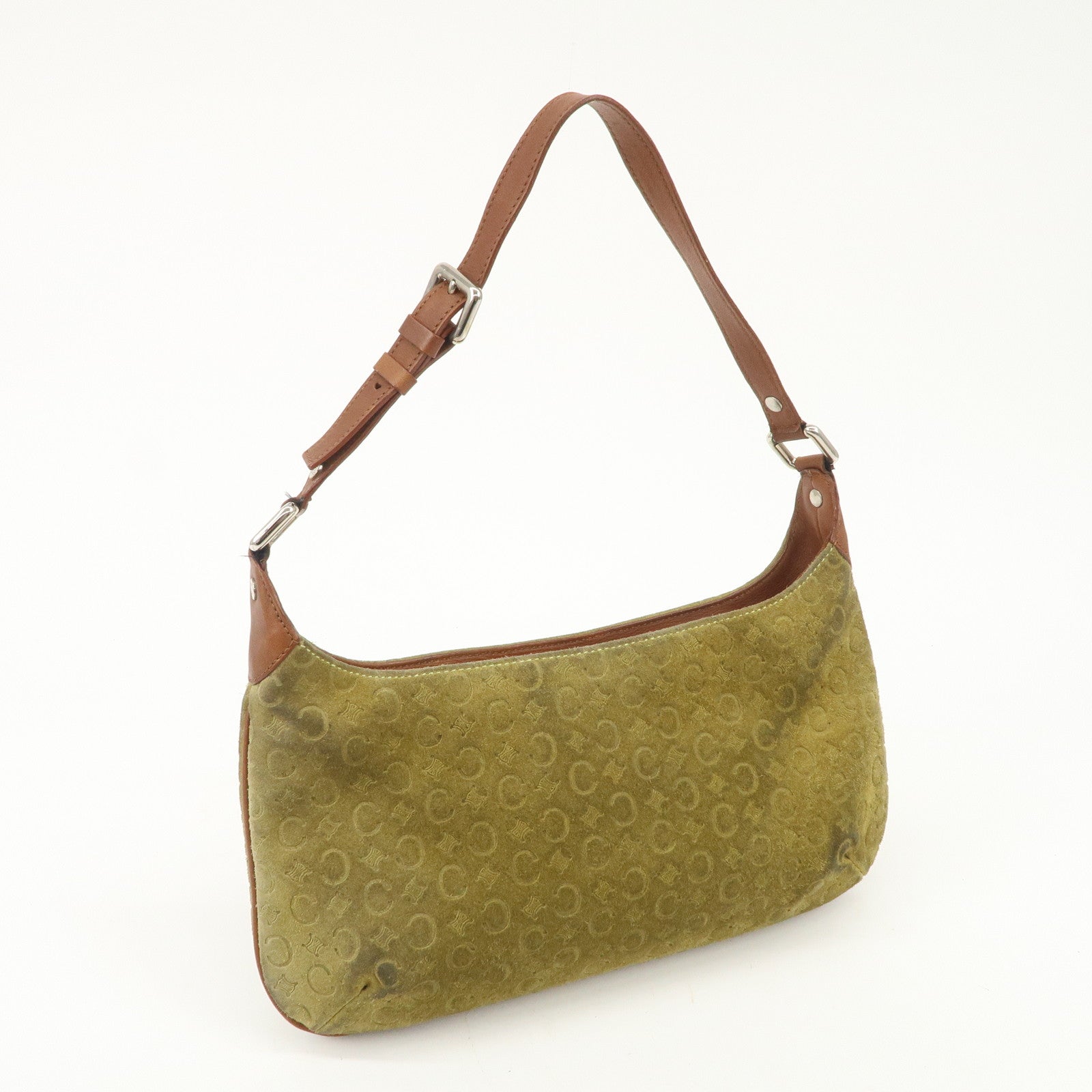 CELINE C Macadam Suede Leather Shoulder Bag Hand Bag Green Brown