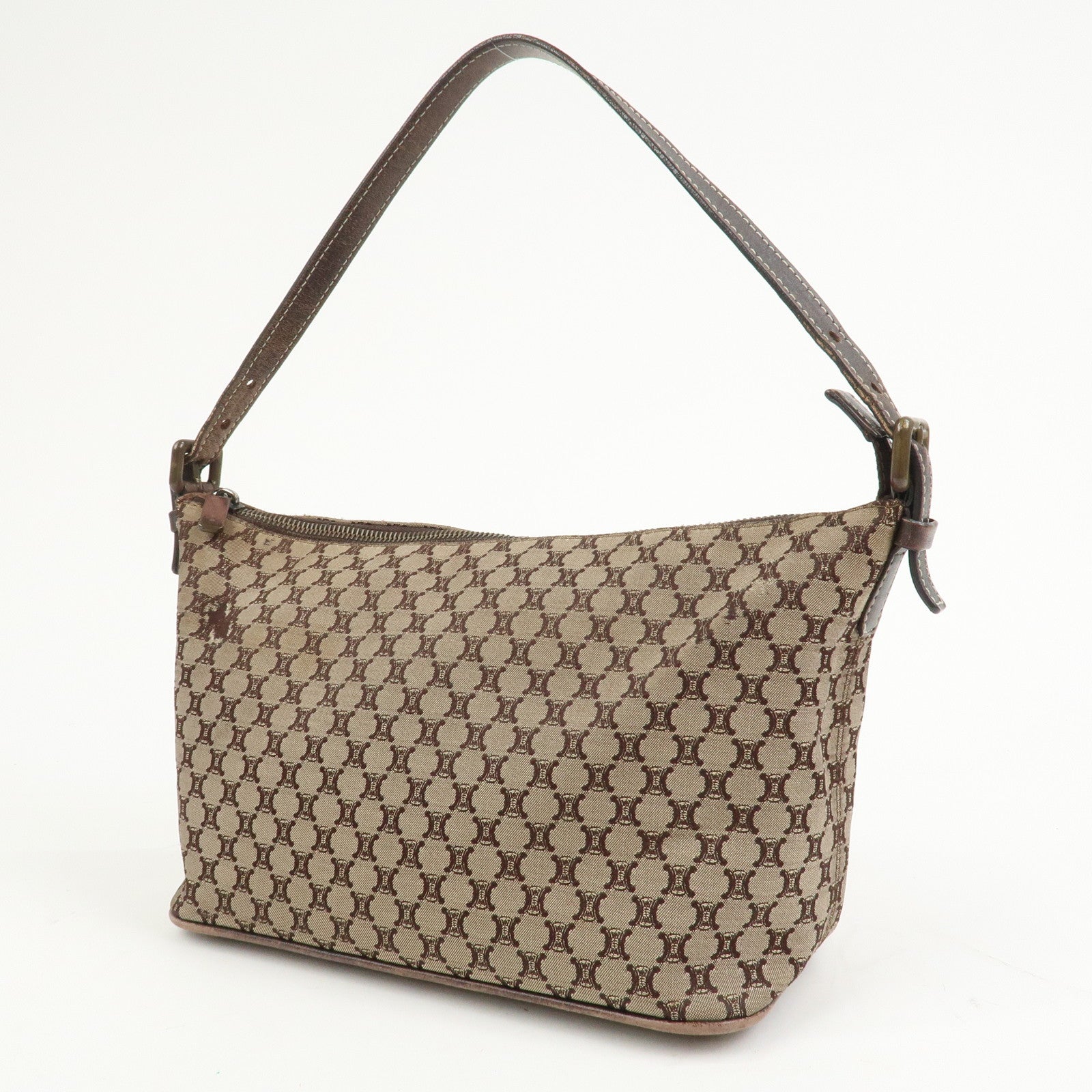 CELINE Macadam Logo Canvas Leather Shoulder Bag Hand Bag Brown