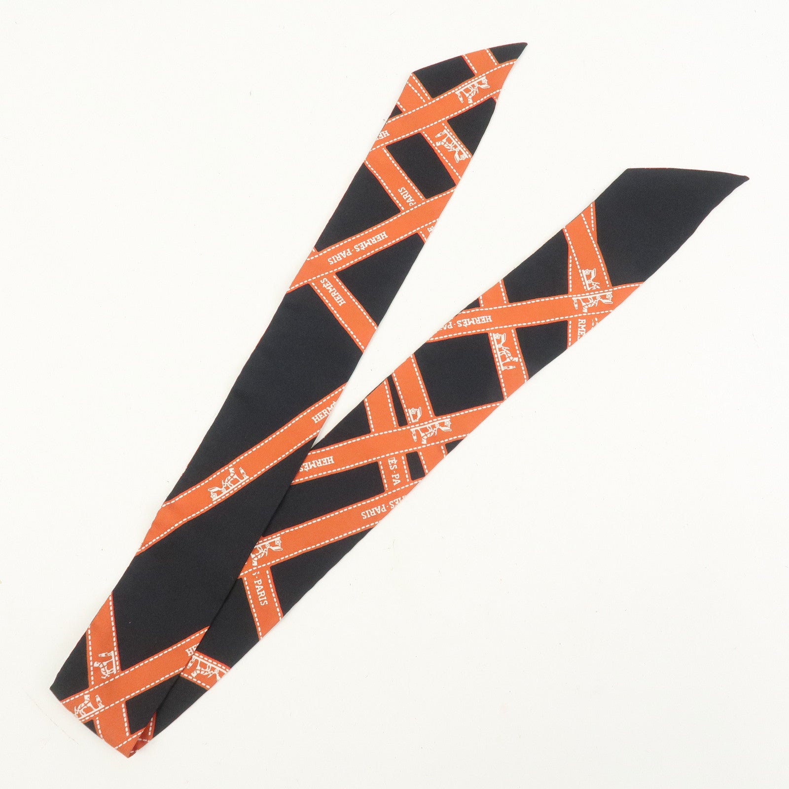 HERMES Twilly Silk 100% Bolduc Scarf Black Orange