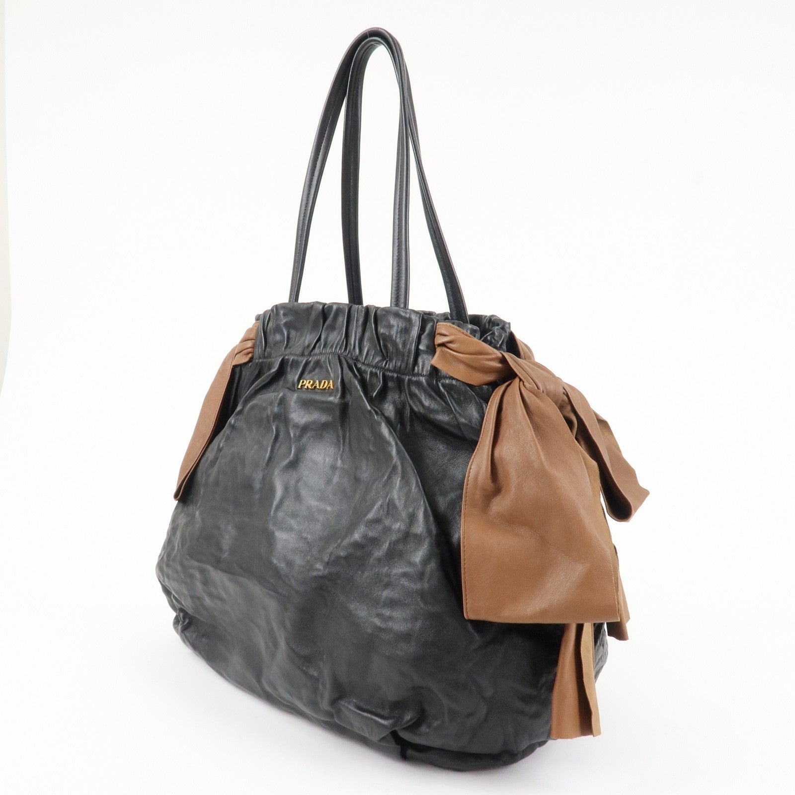 PRADA Leather Ribbon Shoulder Bag Hand Bag Black Brown Used