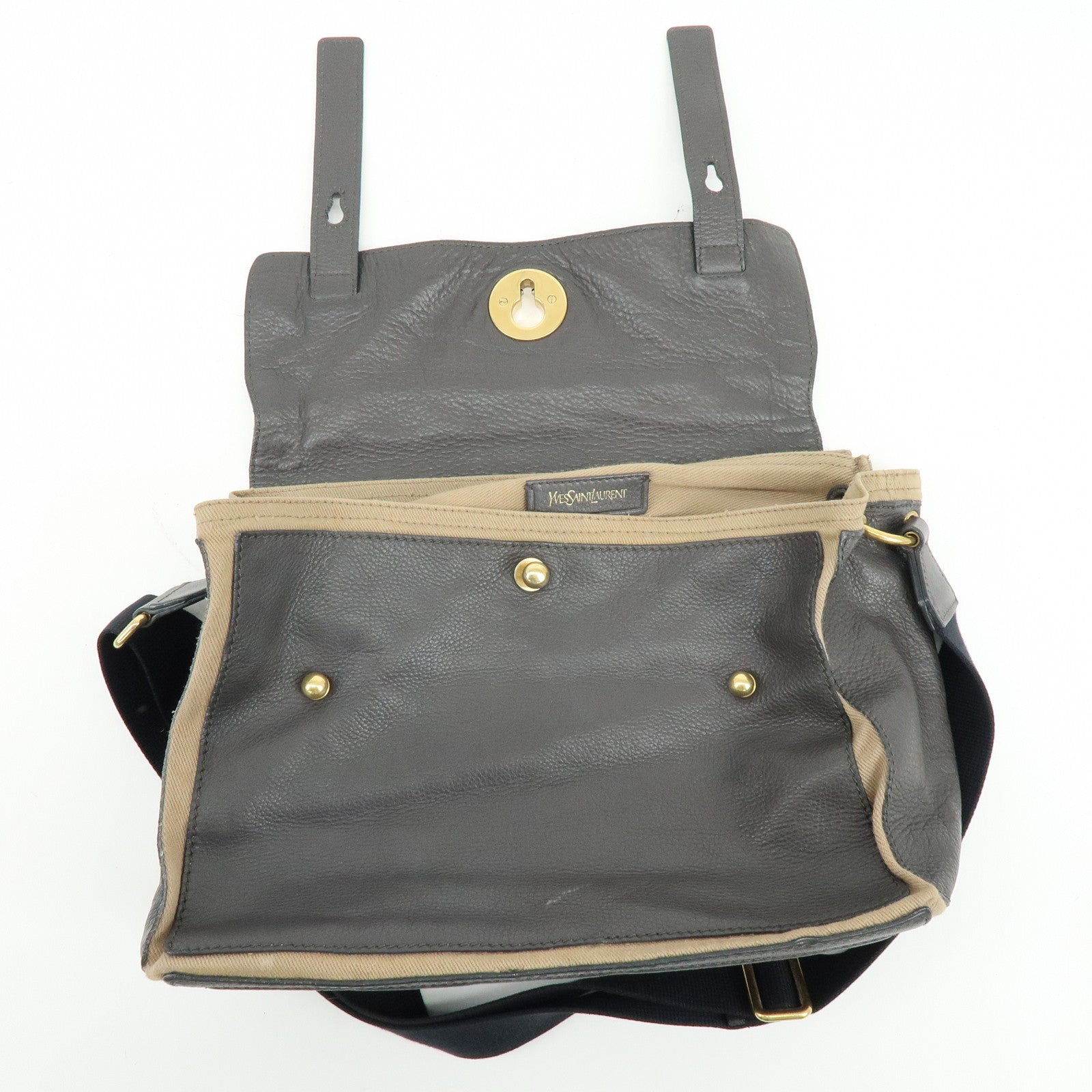 SAINT LAURENT PARIS Muse Leather Canvas Shoulder Bag Dark Brown