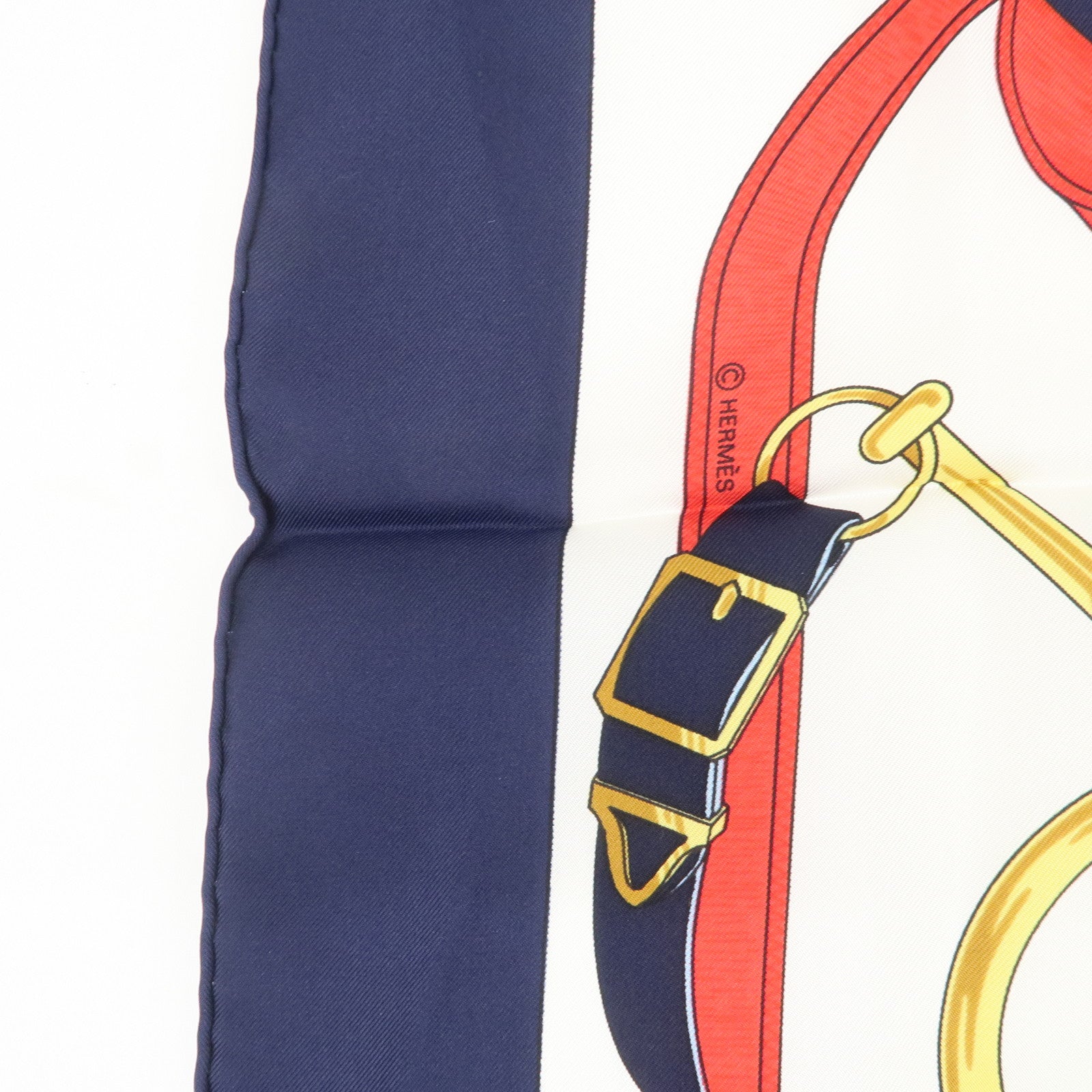 HERMES Carre 90 Silk 100% Eperon d'or Scarf White Navy