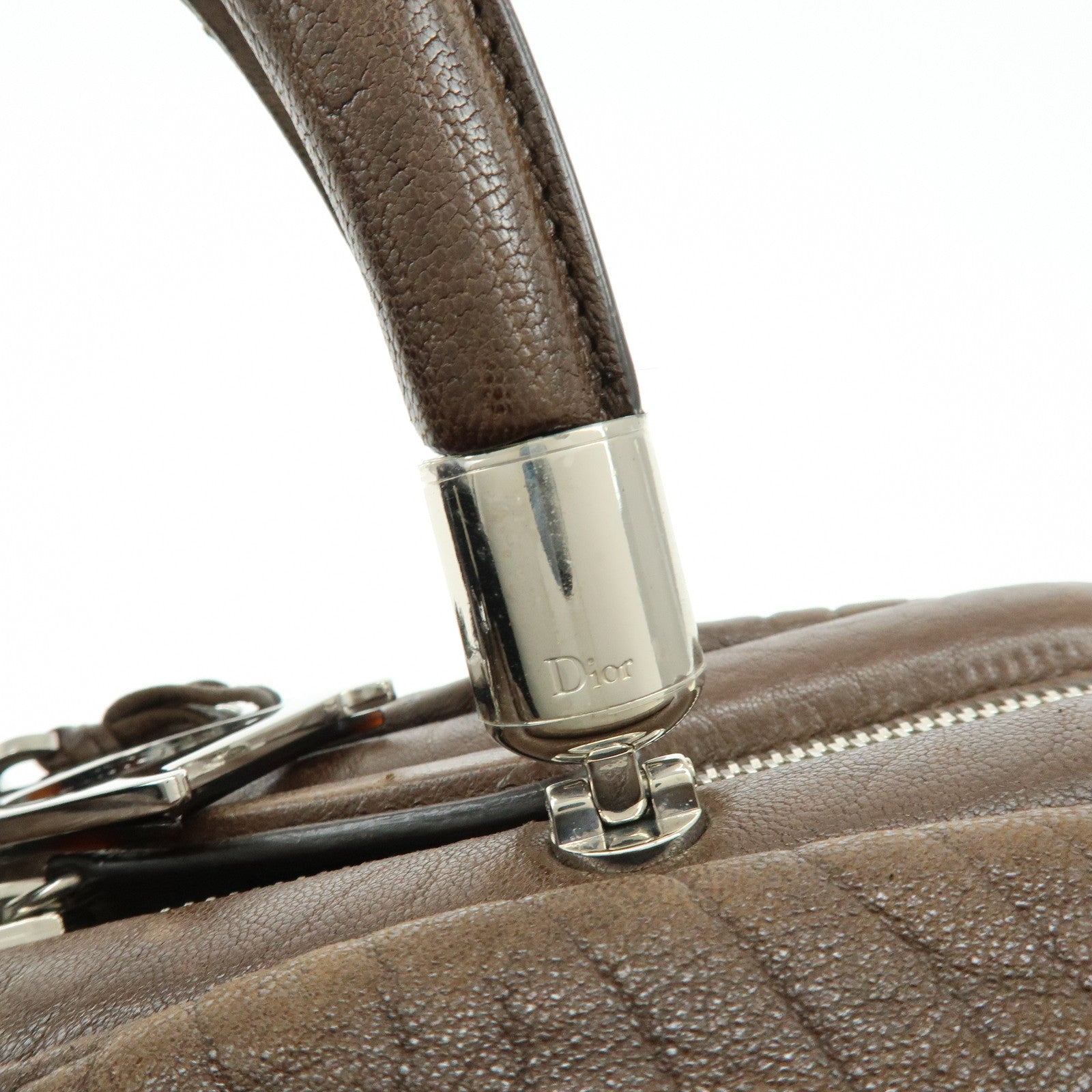 Christian Dior Embossed Gathered Leather Boston Bag Hand Bag Brown