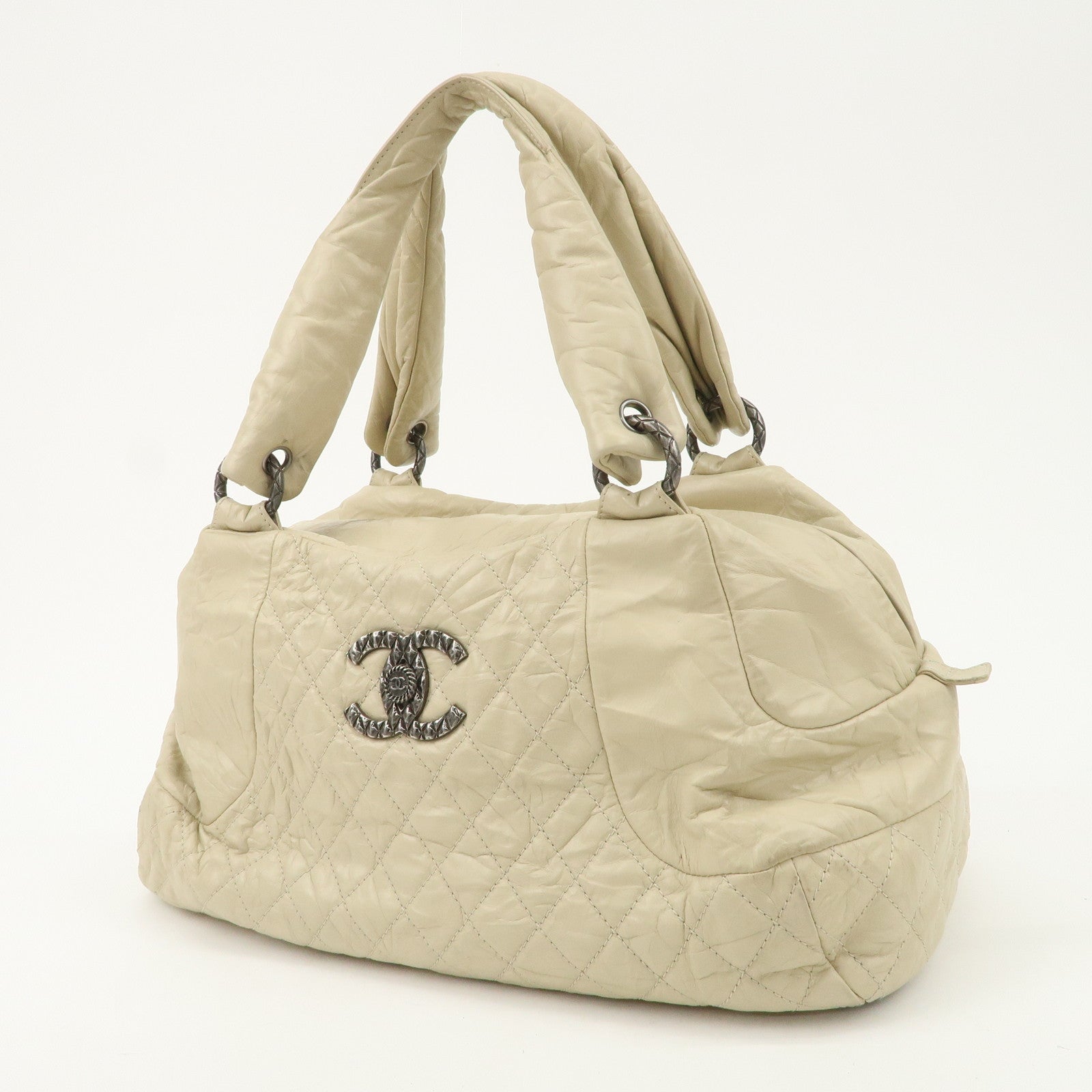 CHANEL Matelasse Leather COCO Mark Boston Bag Ivory Used
