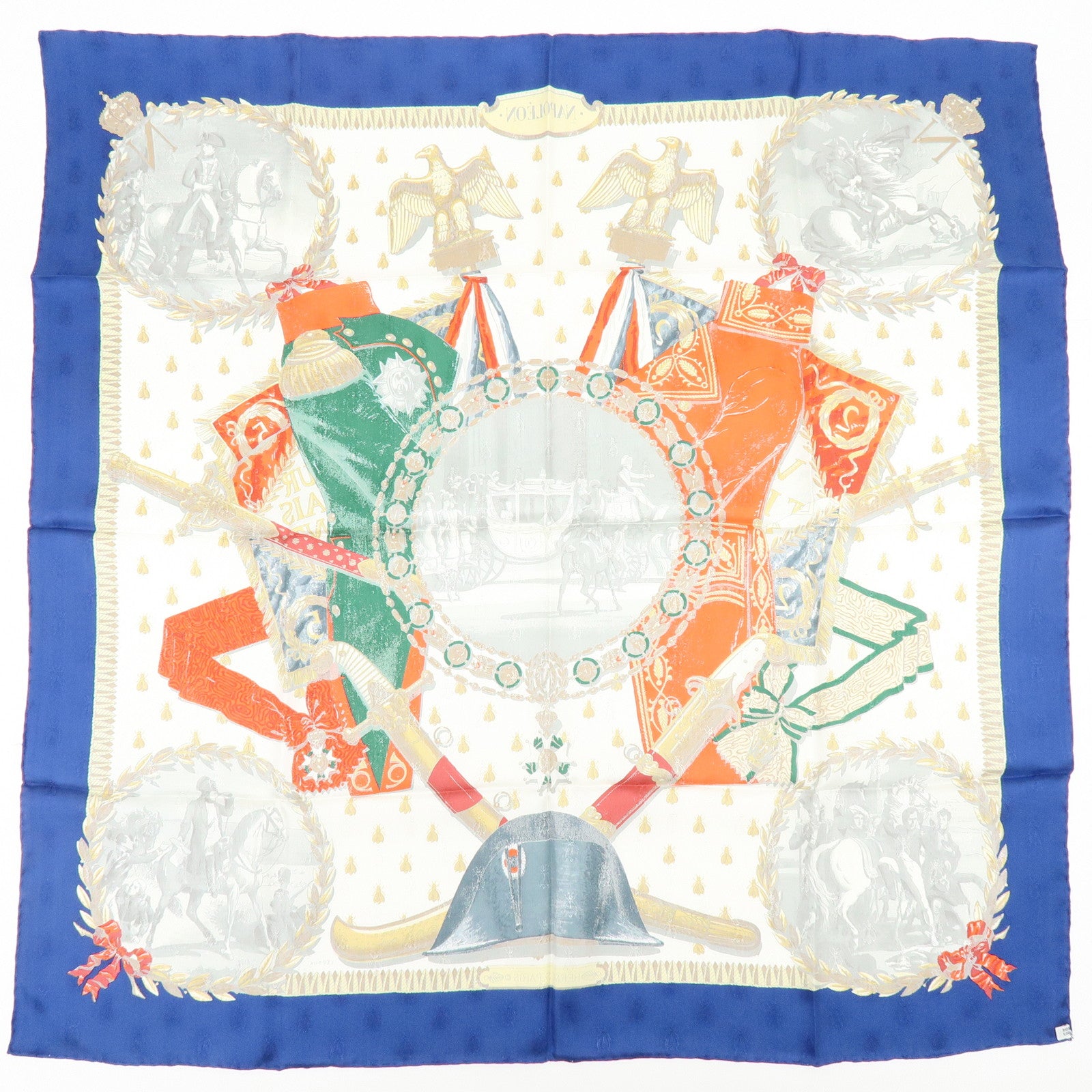 HERMES Carre 90 Silk 100% Scarf NAPOLEON Blue White