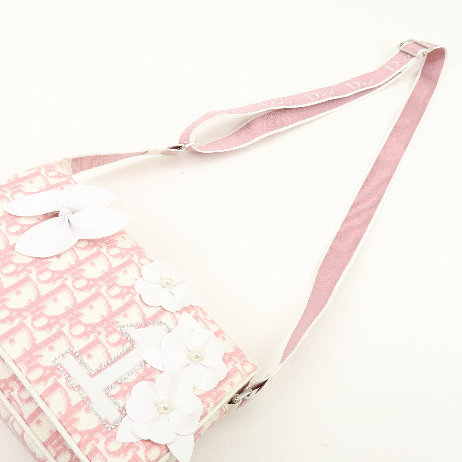 Christian Dior Trotter Canvas Rhinestone Leather Shoulder Bag Pink