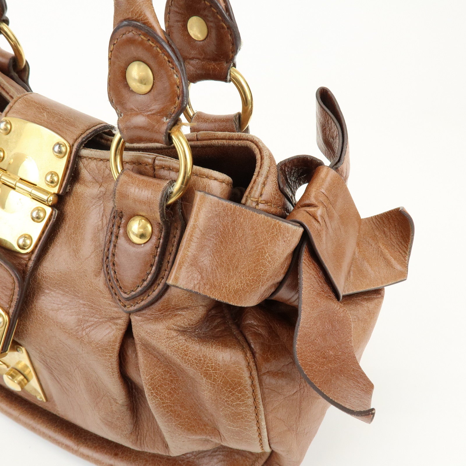 MIU MIU Leather Side Ribbon 2Way Shoulder Bag Hand Bag Brown RN0686