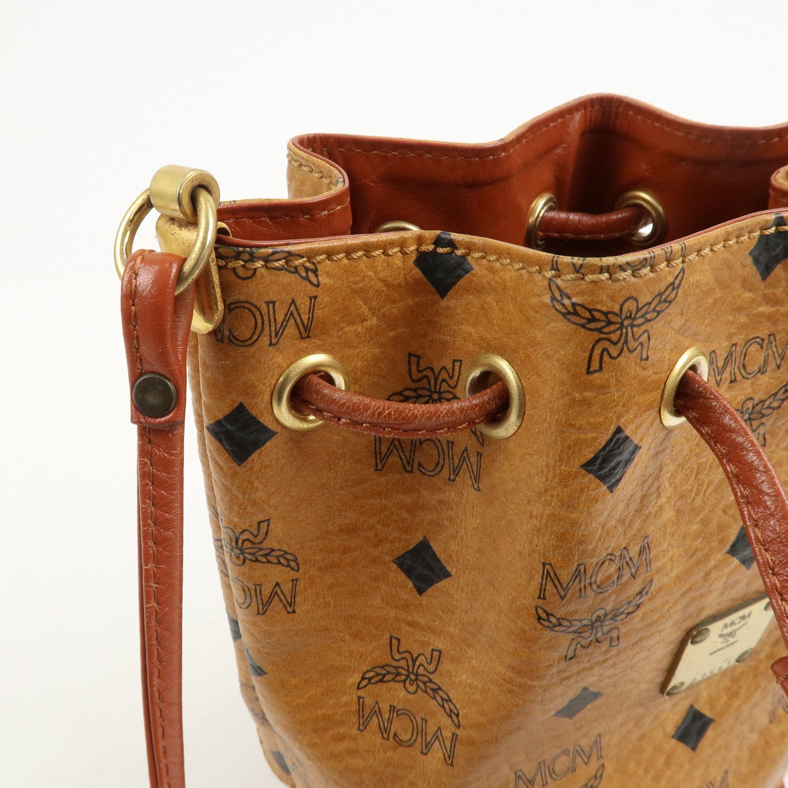 MCM Visetos Leather Drawstring Shoulder Bag Brown