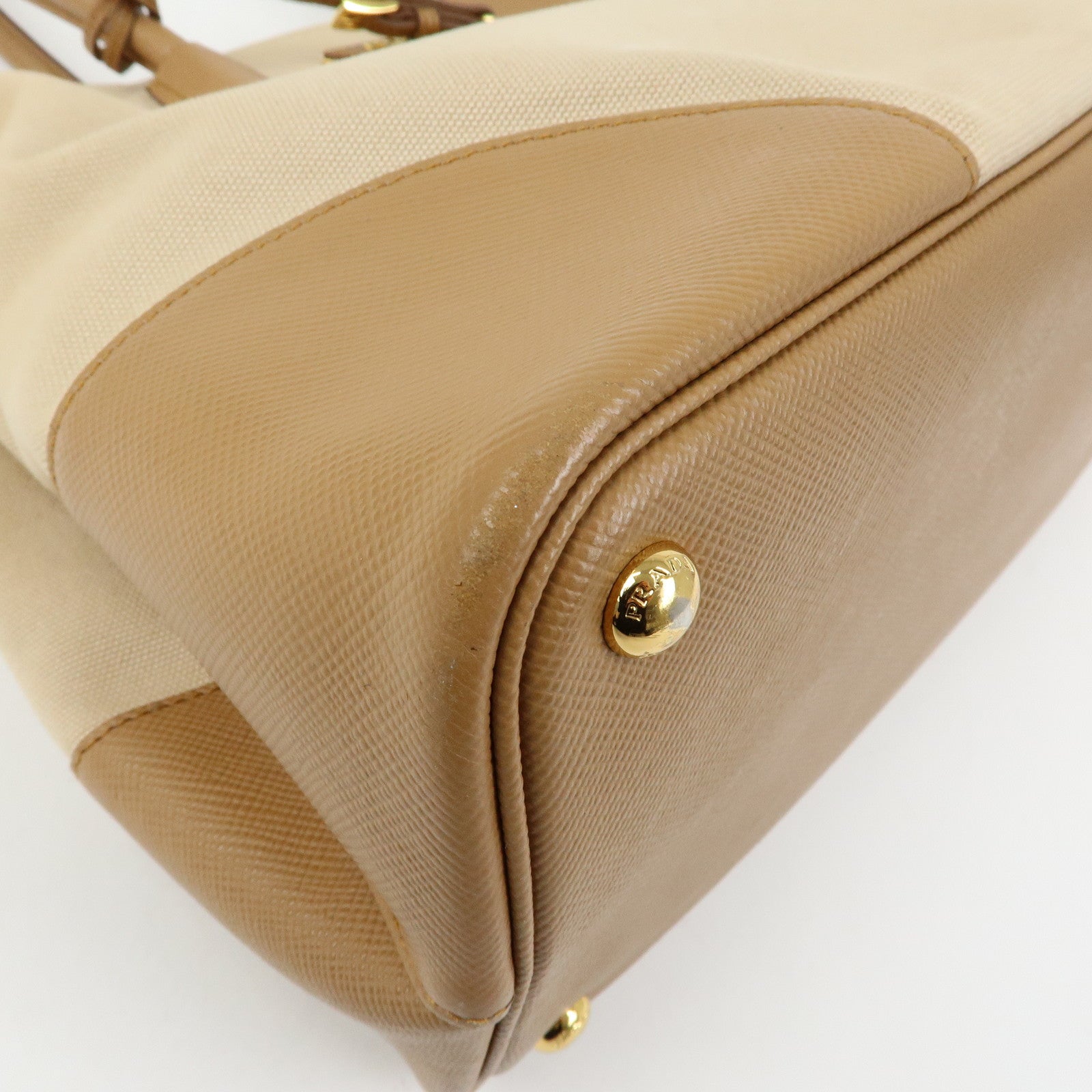 PRADA Triangle Logo Canvas Leather Tote Bag Beige Brown B2756T