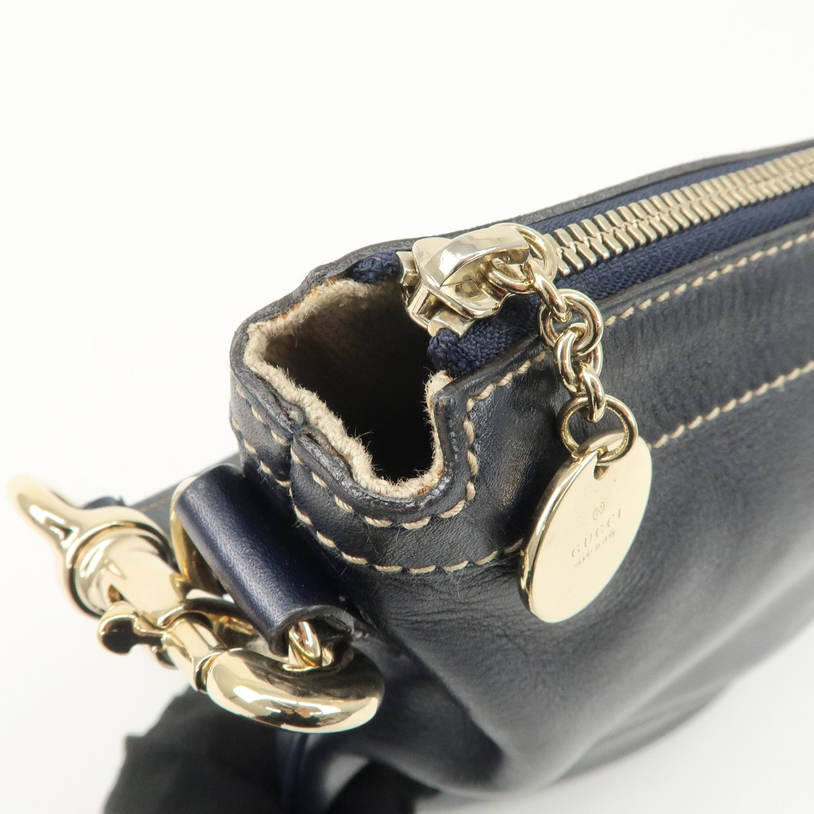 GUCCI Sherry Leather One Shoulder Bag Hand Bag Dark Navy Gold Hardware Used