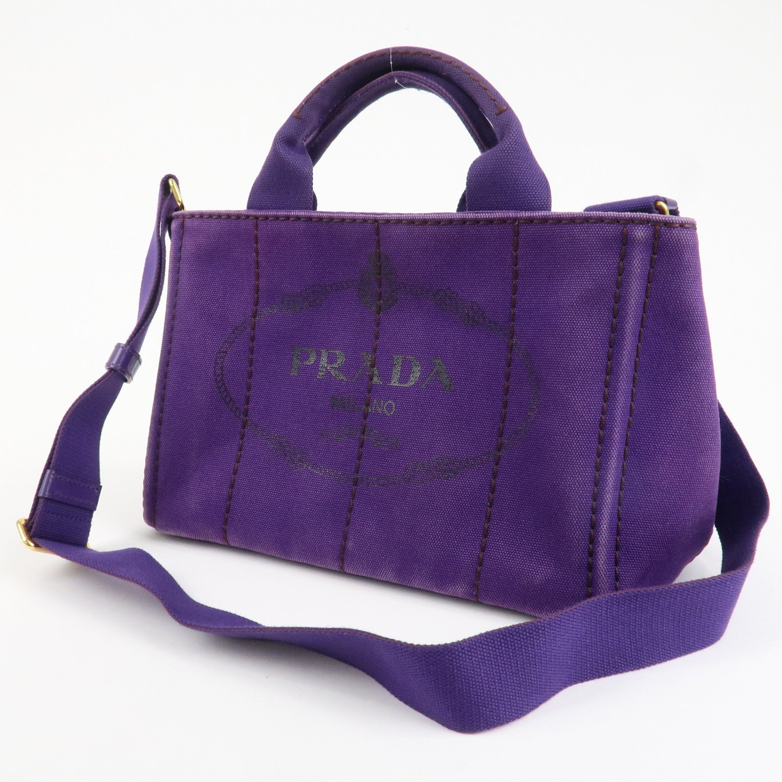 PRADA Logo Canapa Mini Canvas 2Way Tote Shoulder Bag Purple BN2439 Used