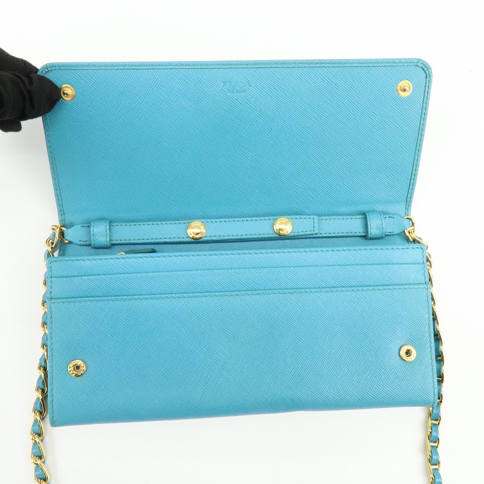 PRADA Saffiano Leather Chain Wallet Shoulder Bag Blue 1M1290