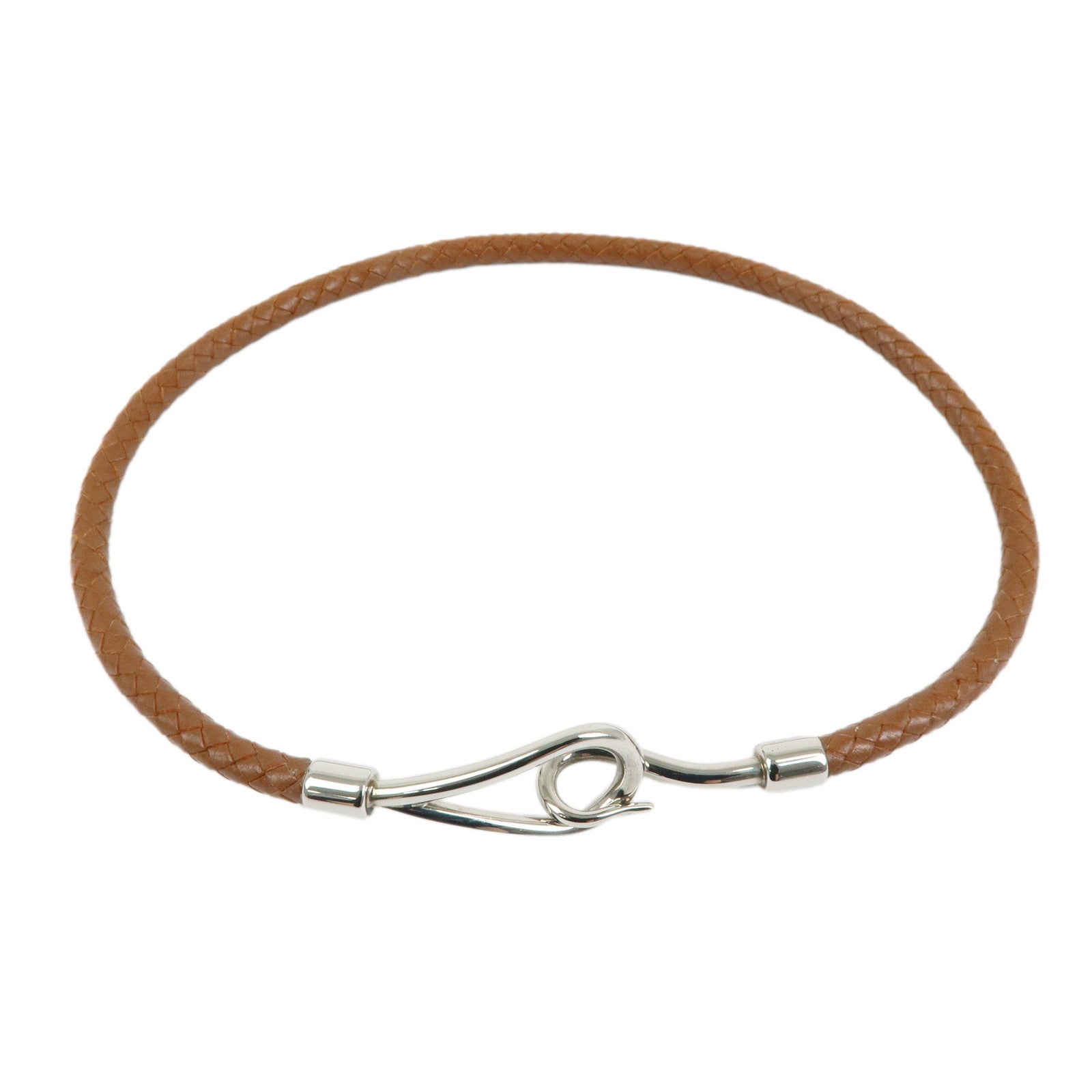 HERMES Jumbo Choker Leather Metal Bracelet Brown Silver