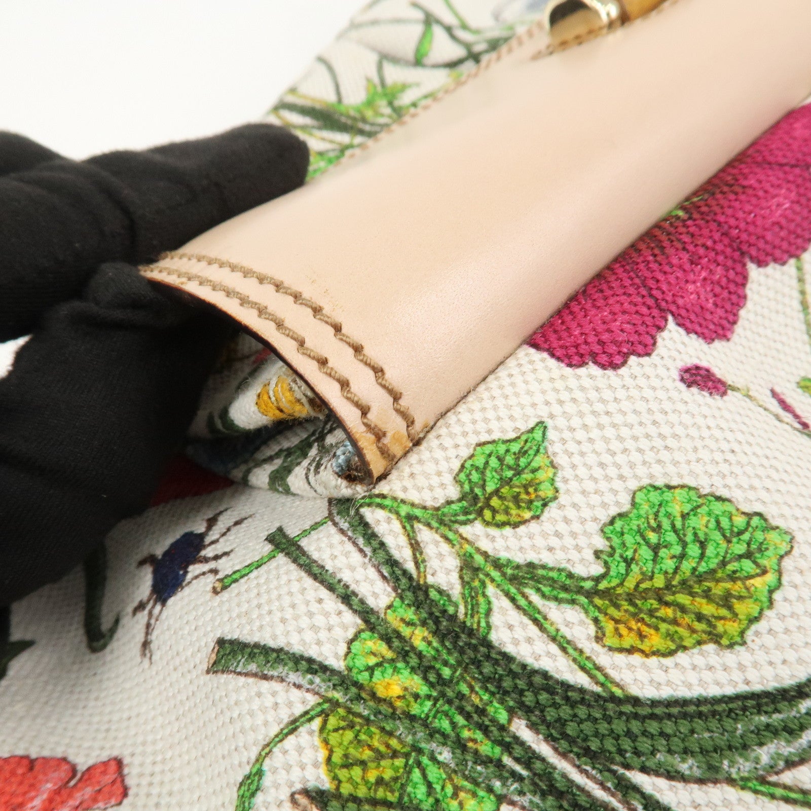 GUCCI Bamboo Canvas Leather Shoulder Bag Flora Ivory Pink 137383