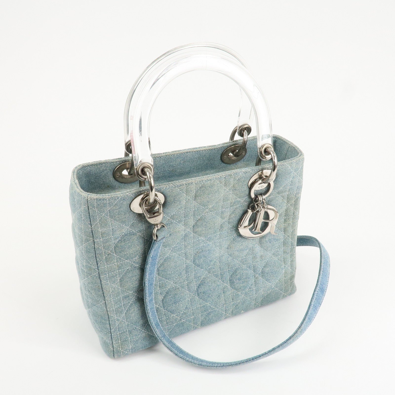 Christian Dior Lady Dior Denim 2way Hand Shoulder Bag Light Blue Used