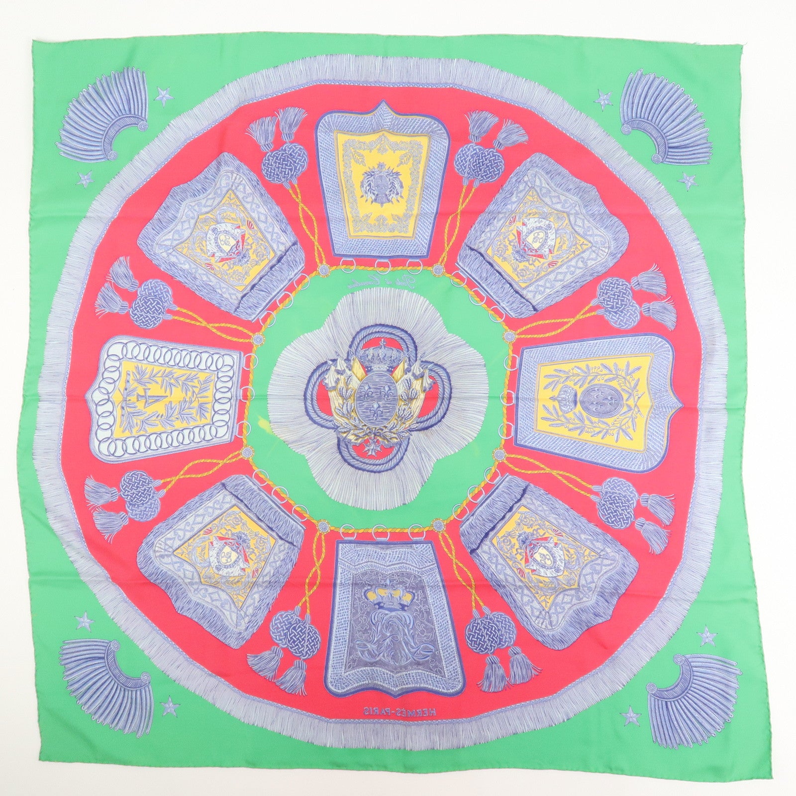 HERMES Carre 90 Silk 100% Scarf Poste et Cavalerie Green Red Blue