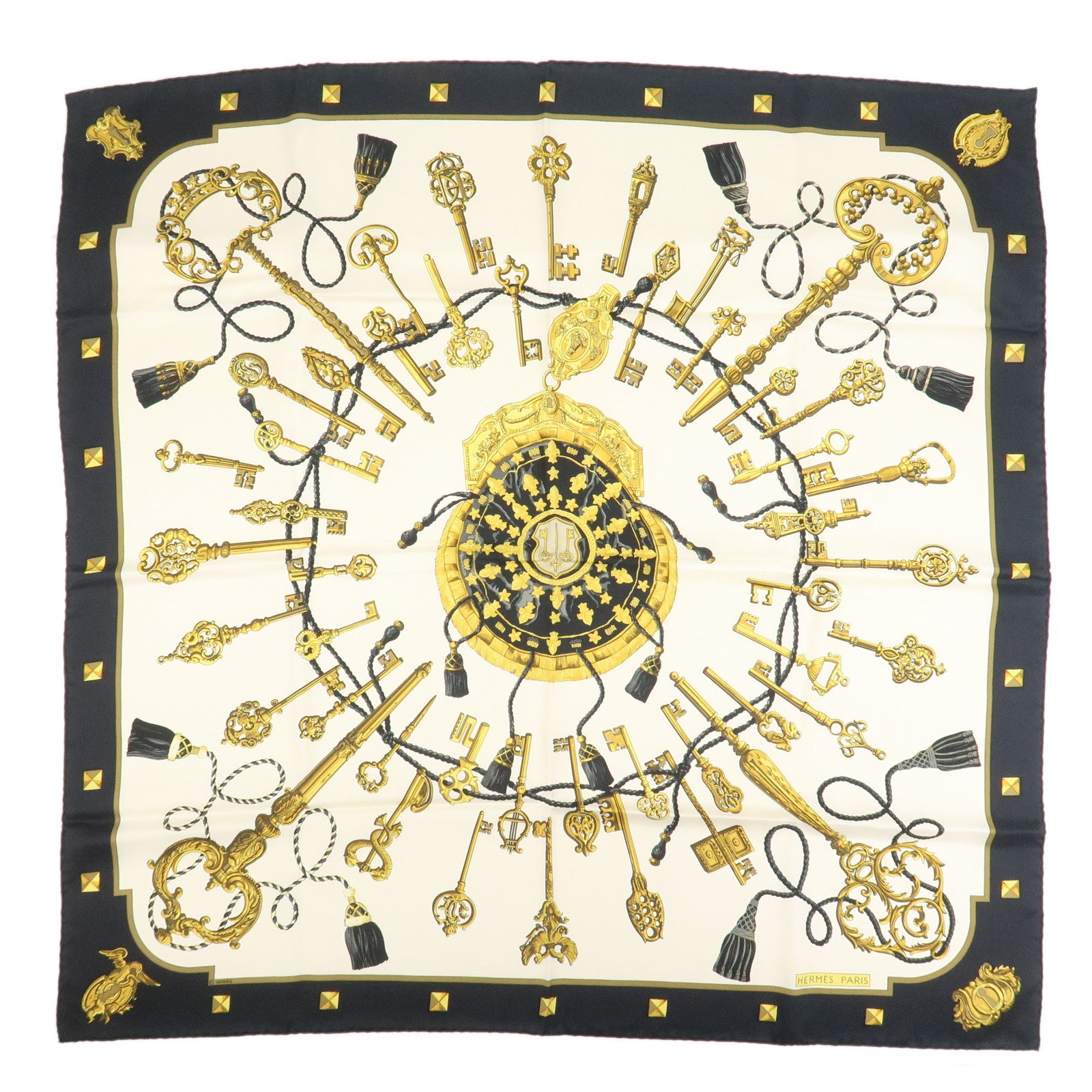 HERMES Carre 90 Silk 100% Scarf LES CLES THE KEYS RARE Black Ivory