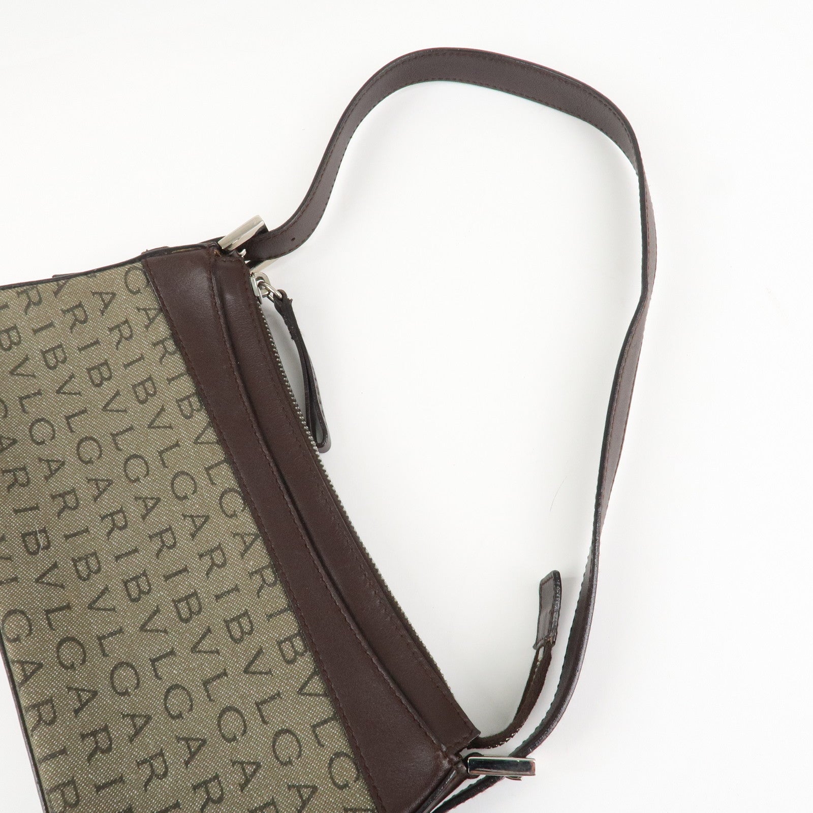 BVLGARI Logo Mania Canvas Leather Shoulder Bag khaki Dark Brown Used