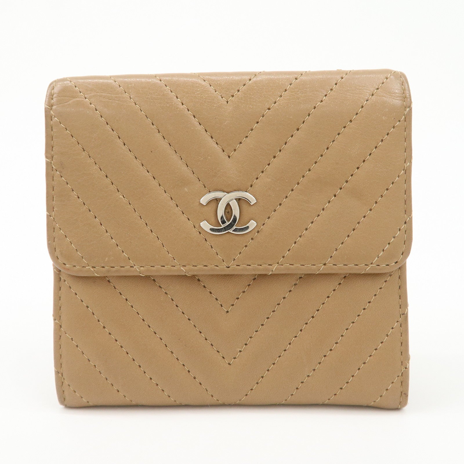 CHANEL Matelasse V Stitch Leather Tri-Fold Wallet Brown A34281