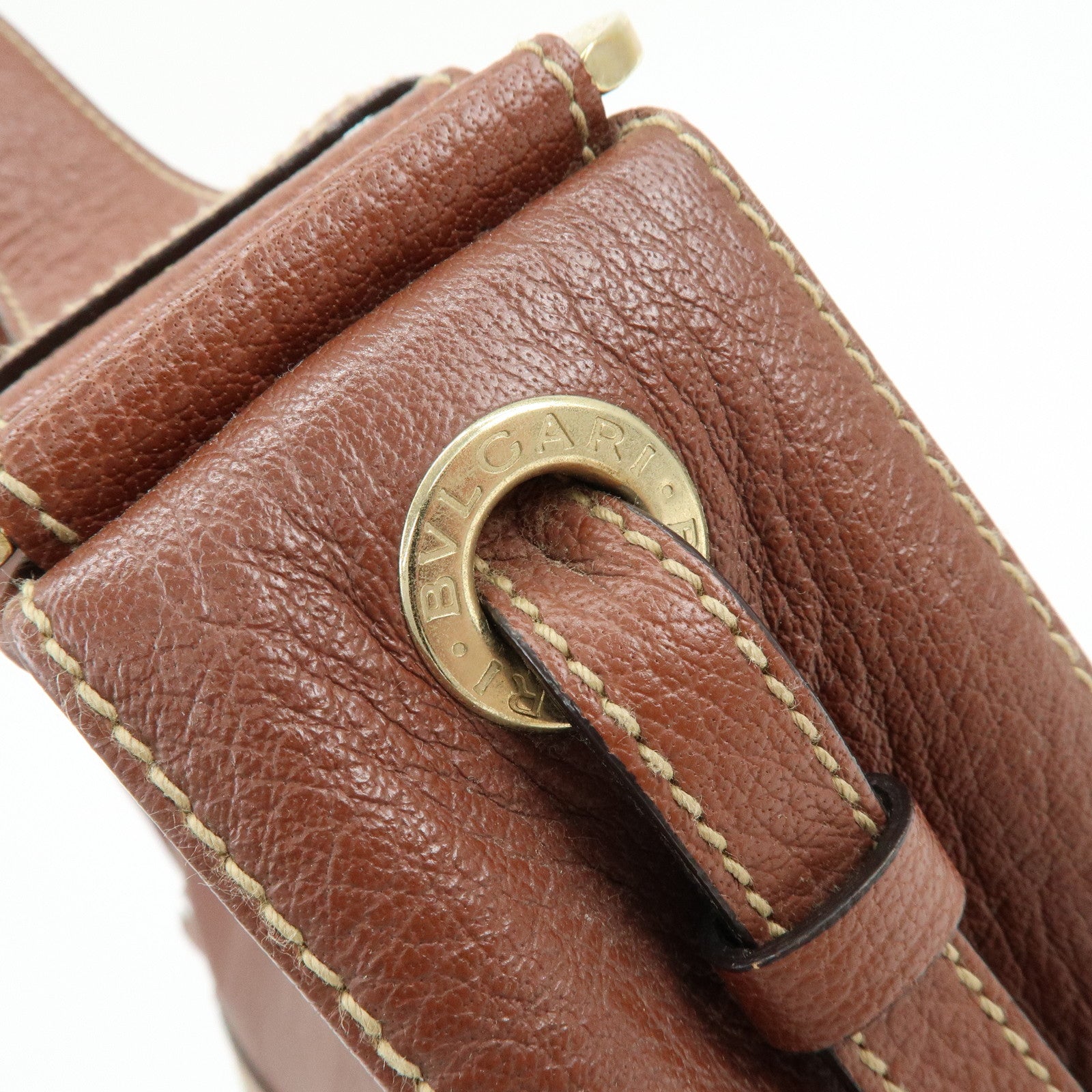 BVLGARI Leather Shoulder Bag Hand Bag Brown