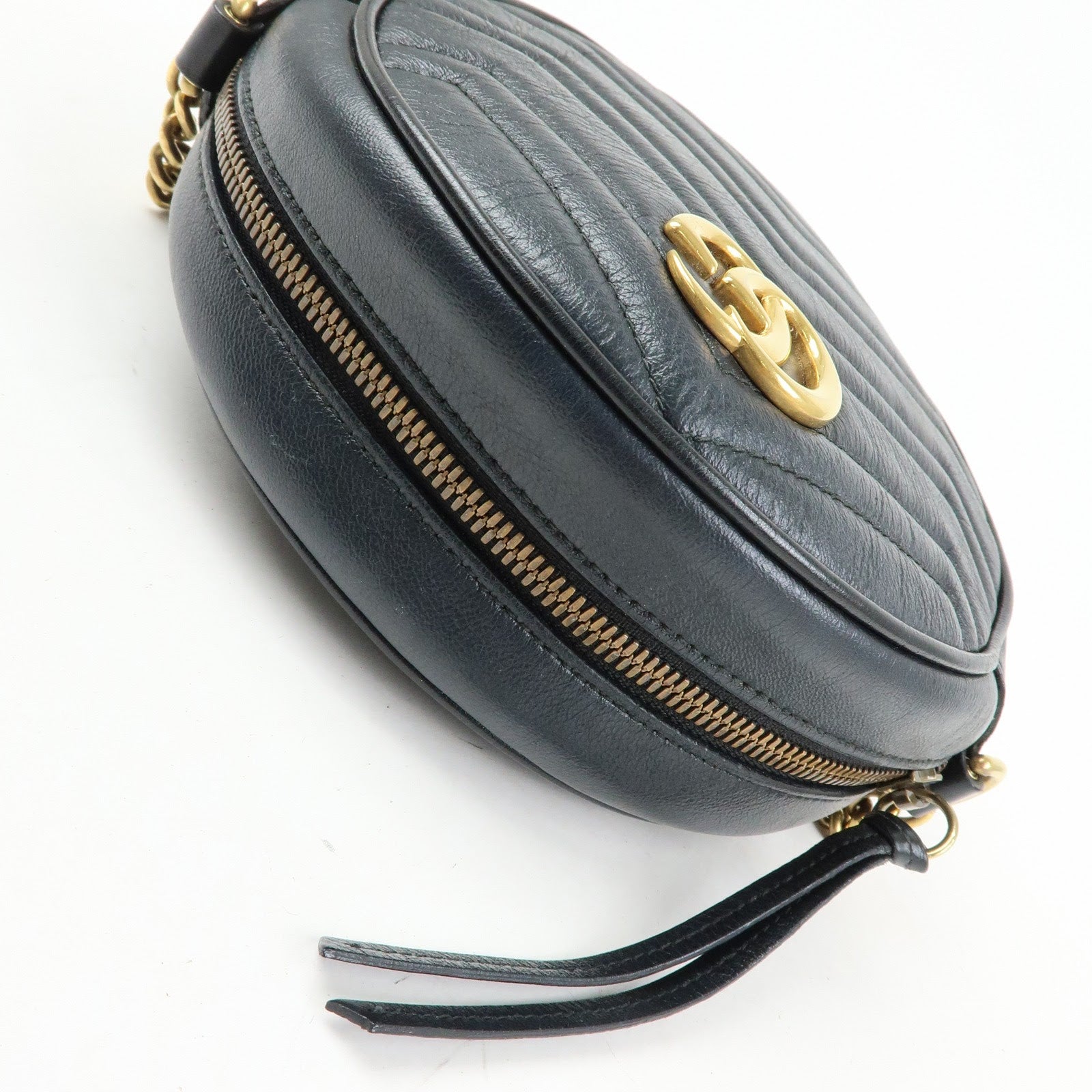 GUCCI GG Marmont Leather Chain Shoulder Round Bag Black 550154