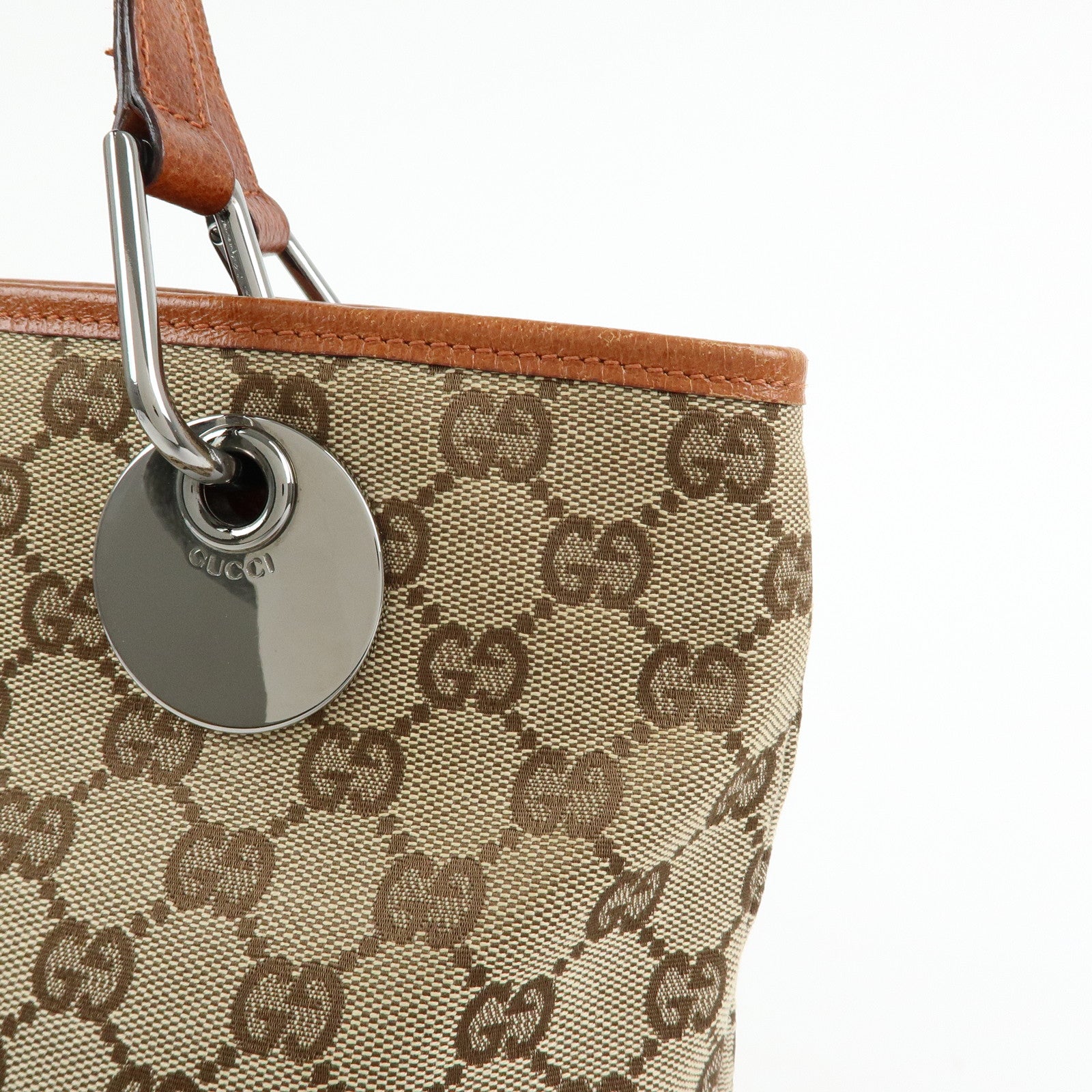 GUCCI GG Canvas Leather Tote Bag Shoulder Bag Beige Camel 120837