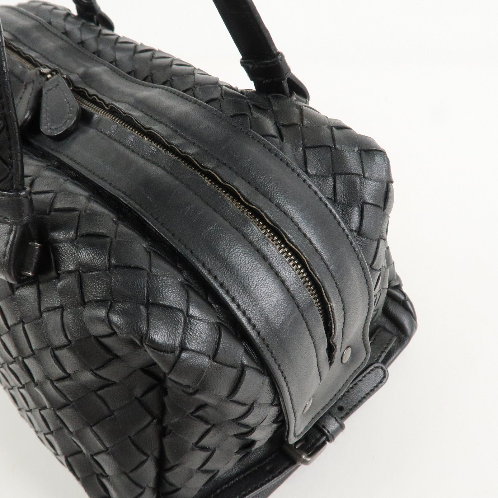 BOTTEGA VENETA Intrecciato Leather Boston Bag Hand Bag Black 145121