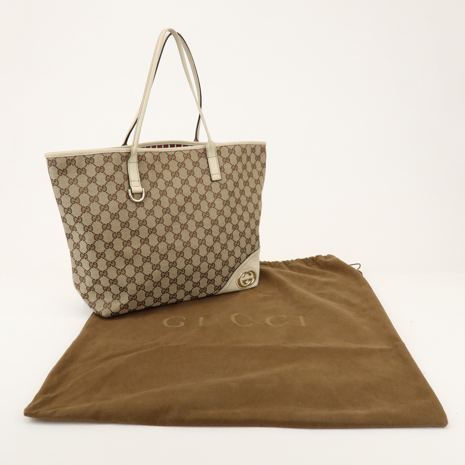 GUCCI New Britt GG Canvas Leather Tote Bag Beige White 169945
