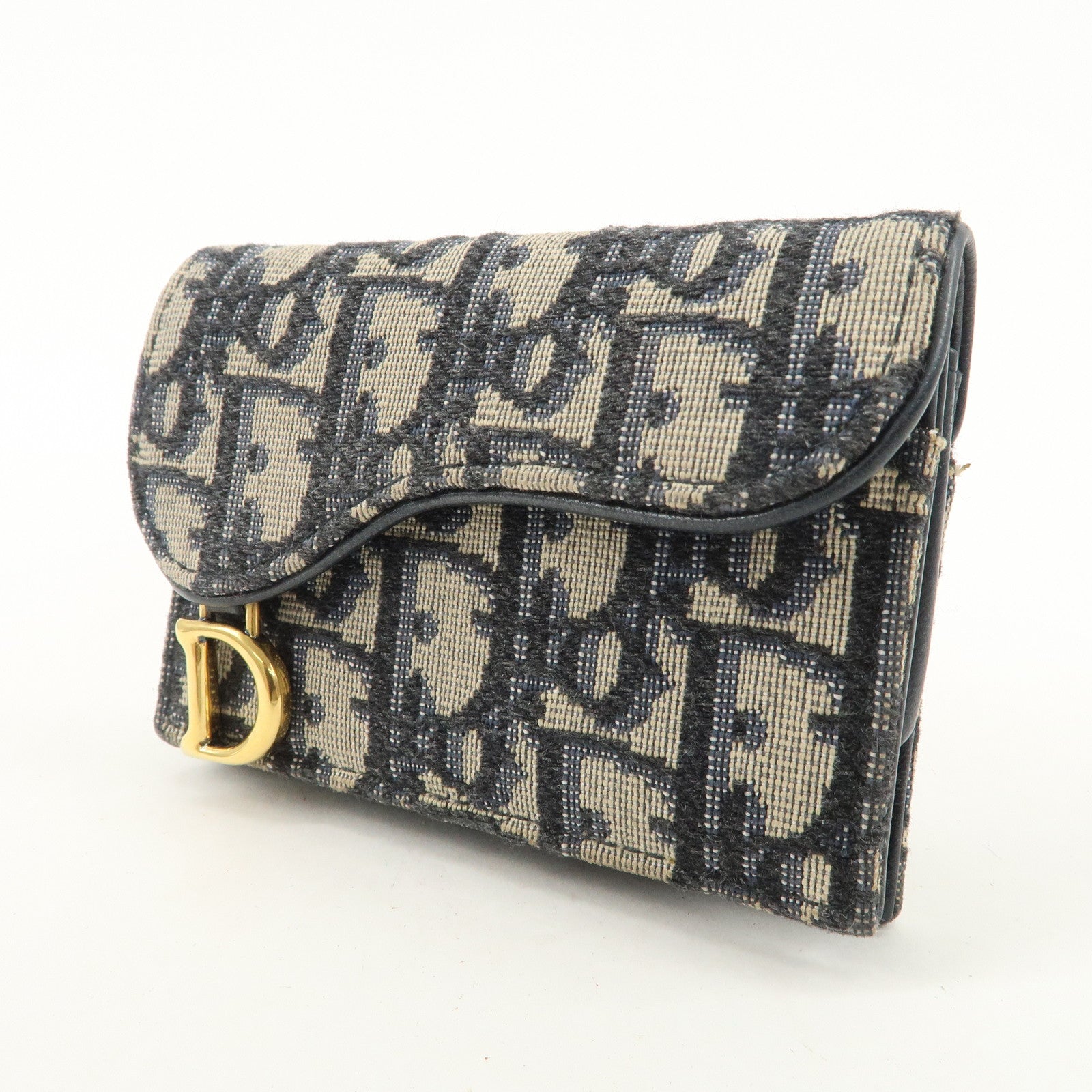 Christian Dior Oblique Canvas Leather Saddle Card Case Beige Navy Used