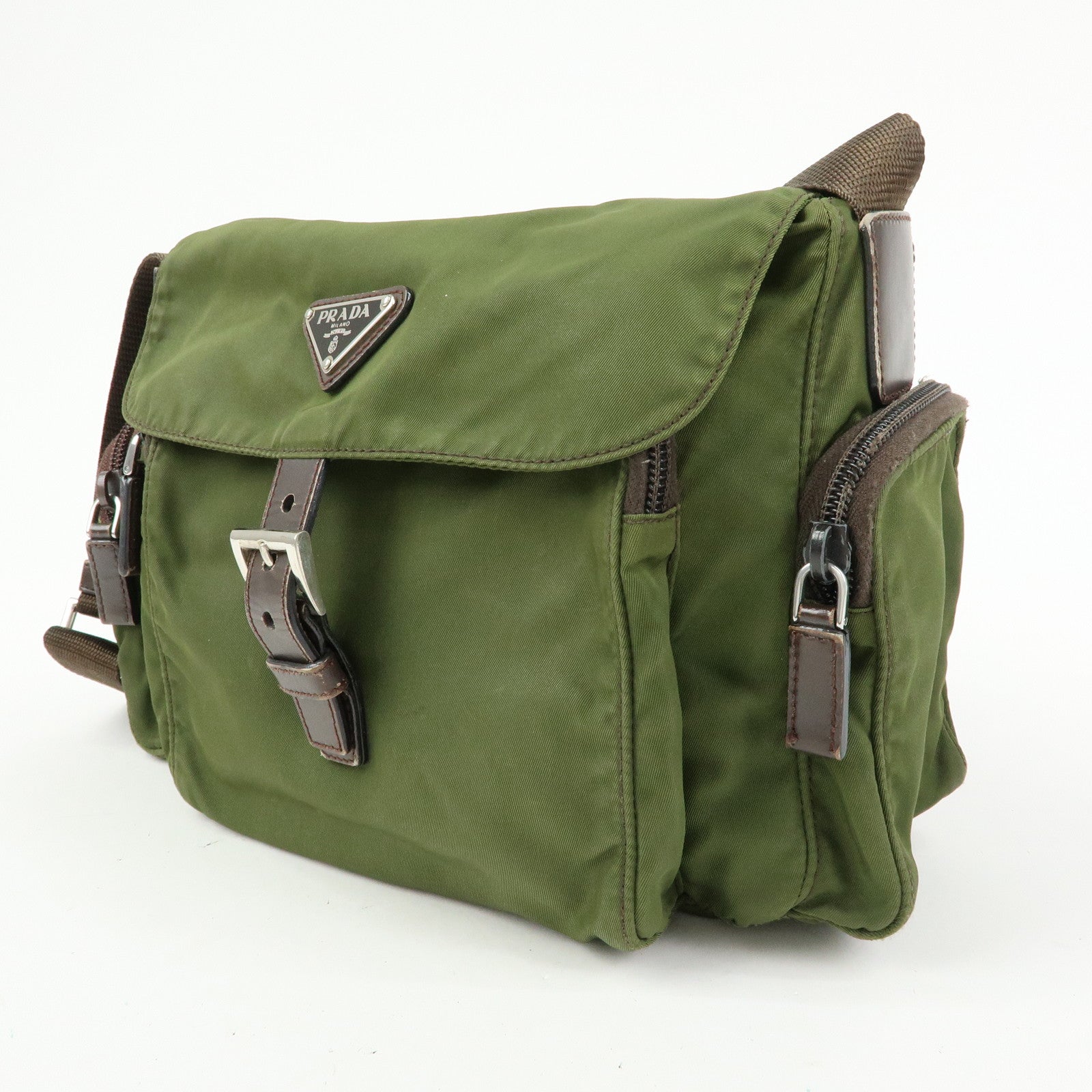 PRADA Triangle Logo Nylon Leather Shoulder Bag Khaki Brown