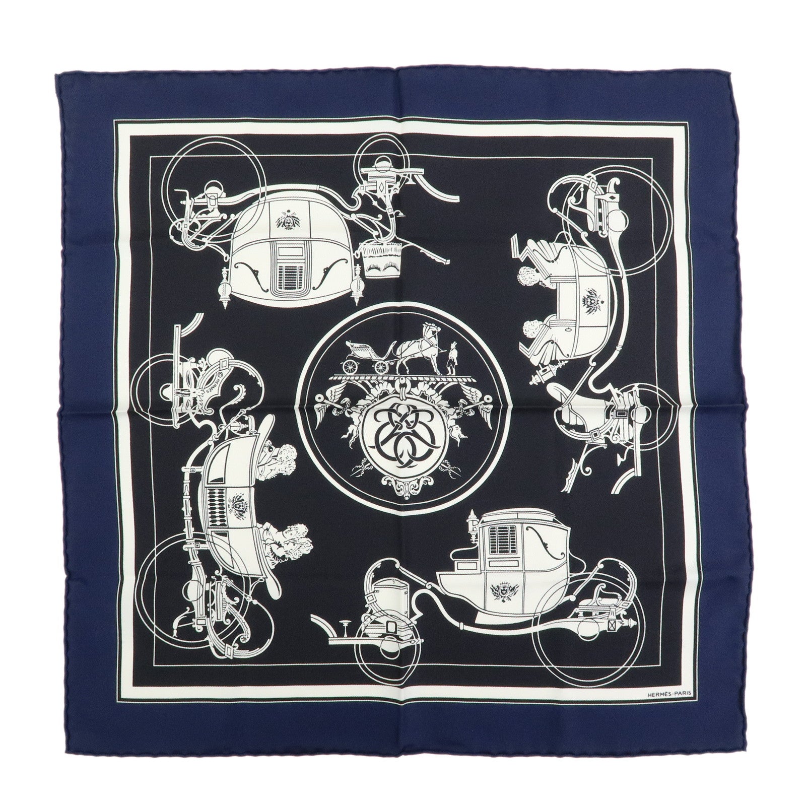 HERMES Carre 42 Silk 100% Ex-Libris Fringe Scarf Black Navy