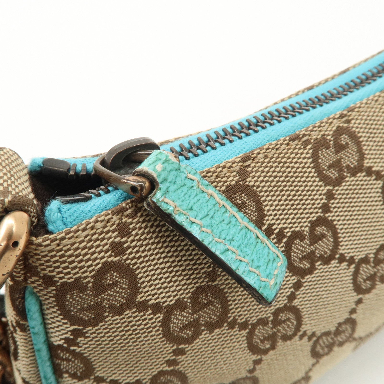 GUCCI GG Canvas Leather Chain Shoulder Bag Beige Turquoise Blue 120940 Used