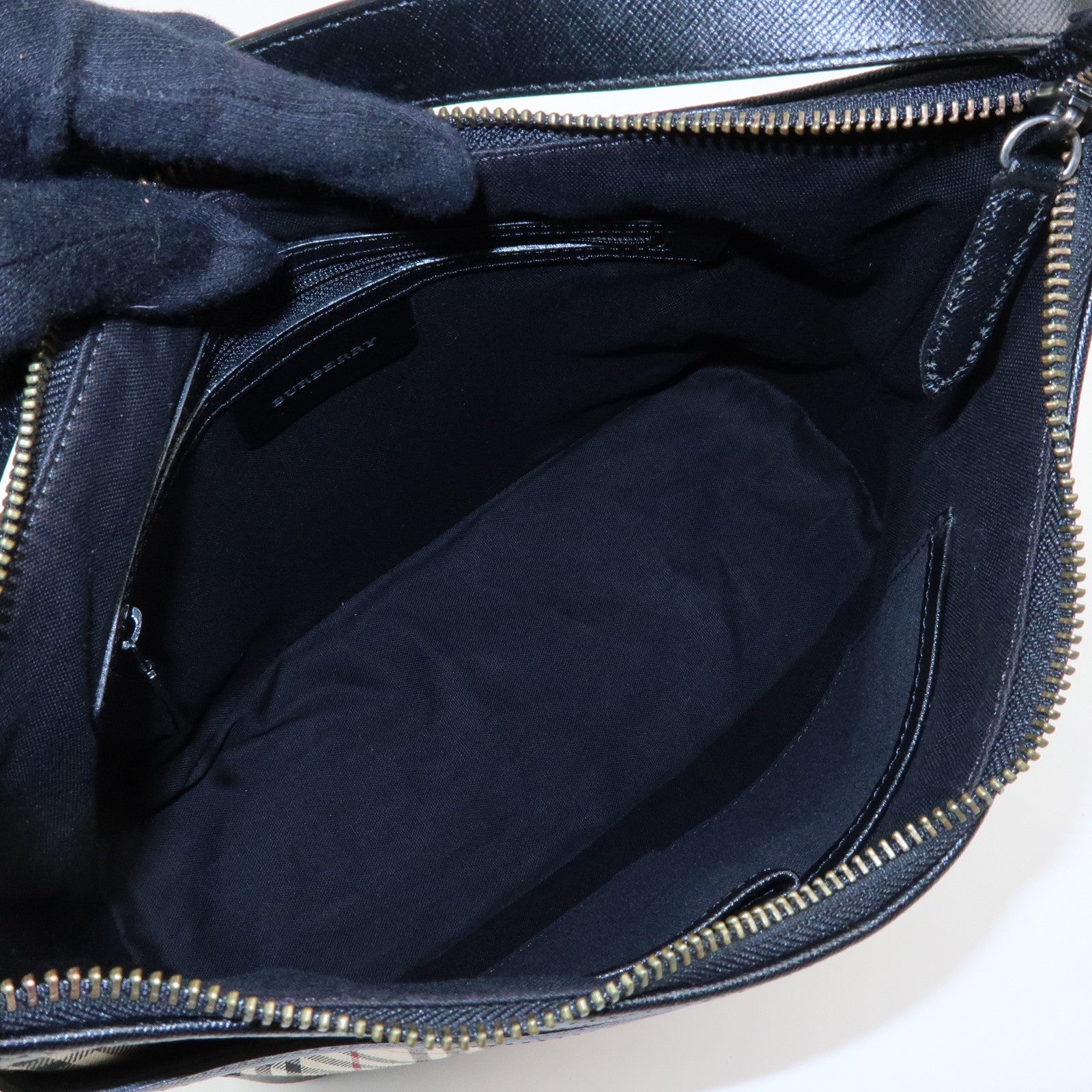 BURBERRY Nova Plaid Canvas Leather Shoulder Bag Beige Black